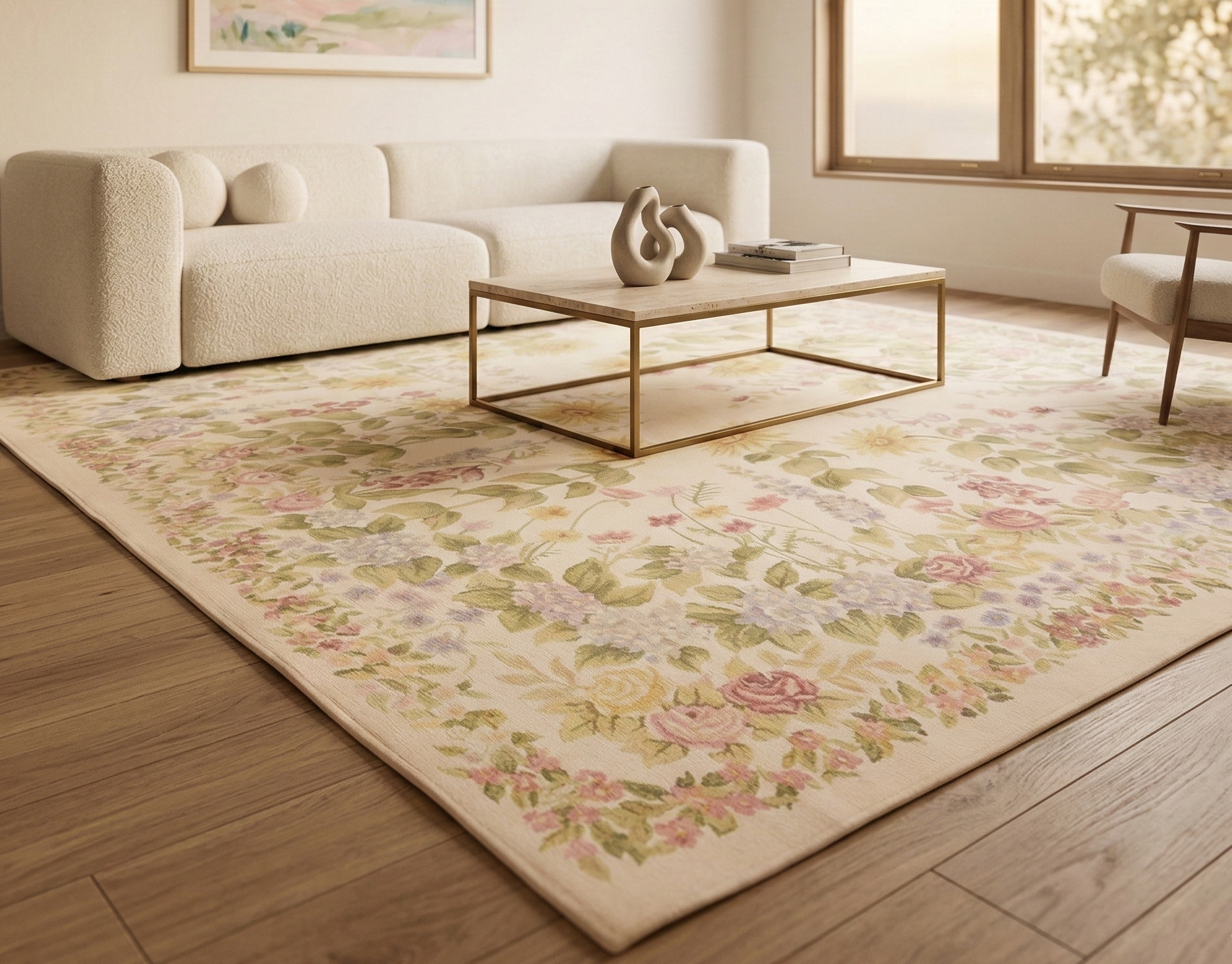 Cream White, Aubusson, All Over Botanical Pattern, Flat Weave, Hand Woven, 100% Wool, European Style, Shabby Chic, Oriental Rug