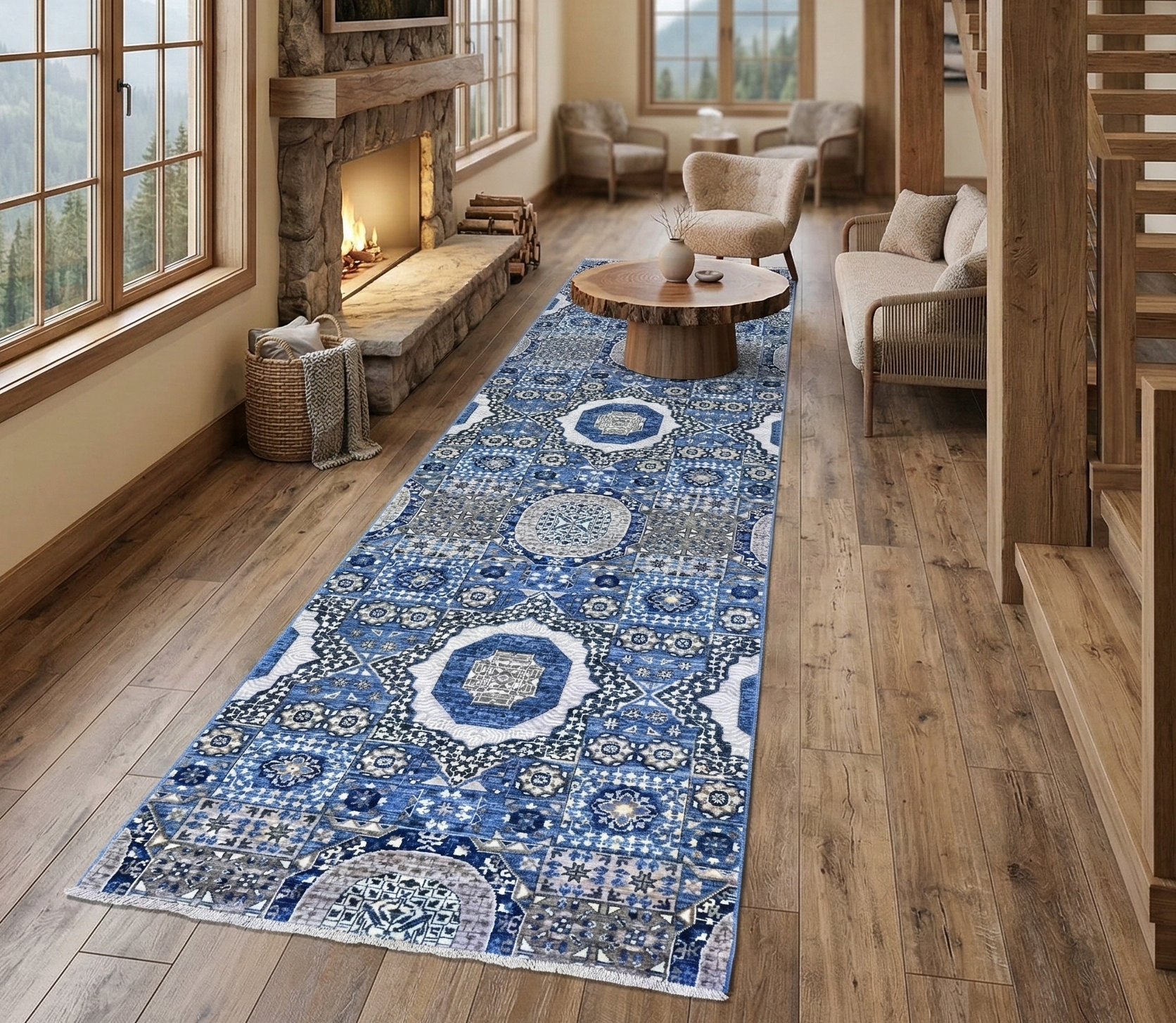 Air Force Blue, Dense Weave Vegetable Dyes, Soft Wool Hand Knotted, Fine Aryana with Mamluk Borderless Design, Wide Runner Oriental Rug