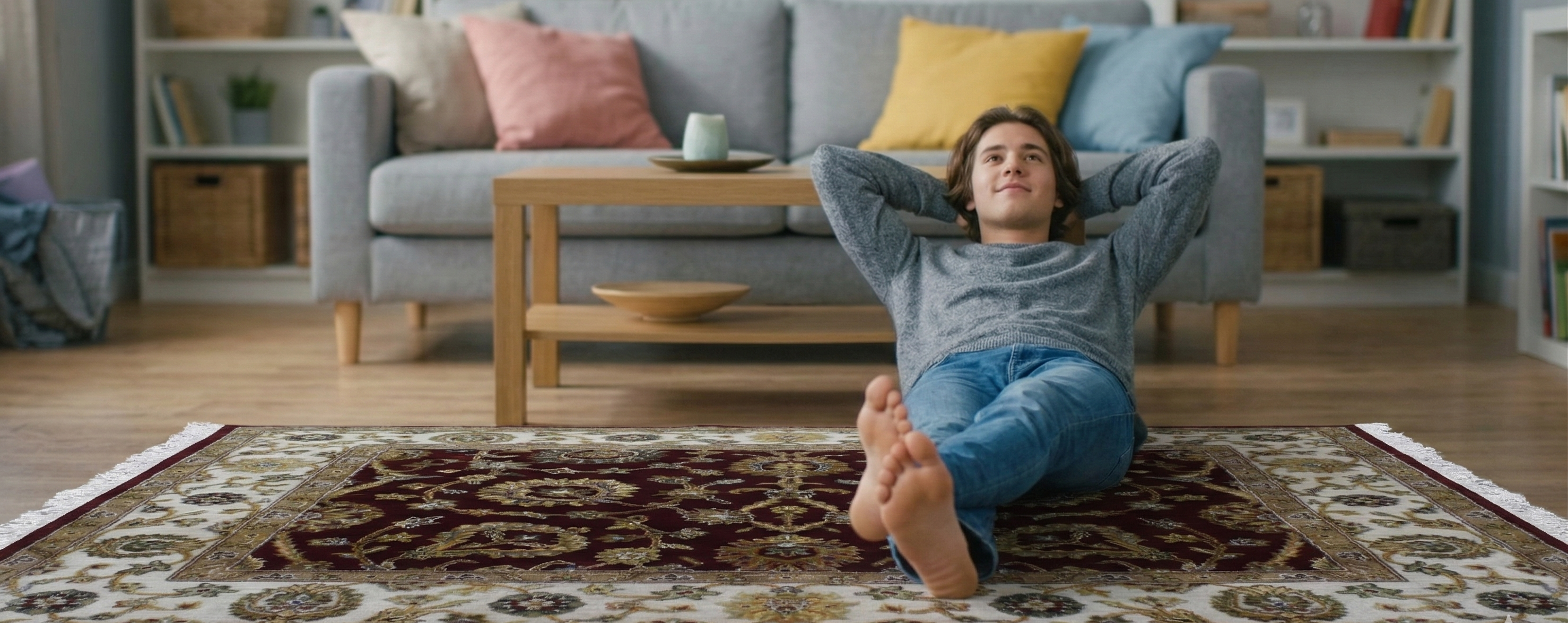 Burgundy Red, Rajasthan Design, Half Wool and Half Silk, Hand Knotted, Oriental Rug