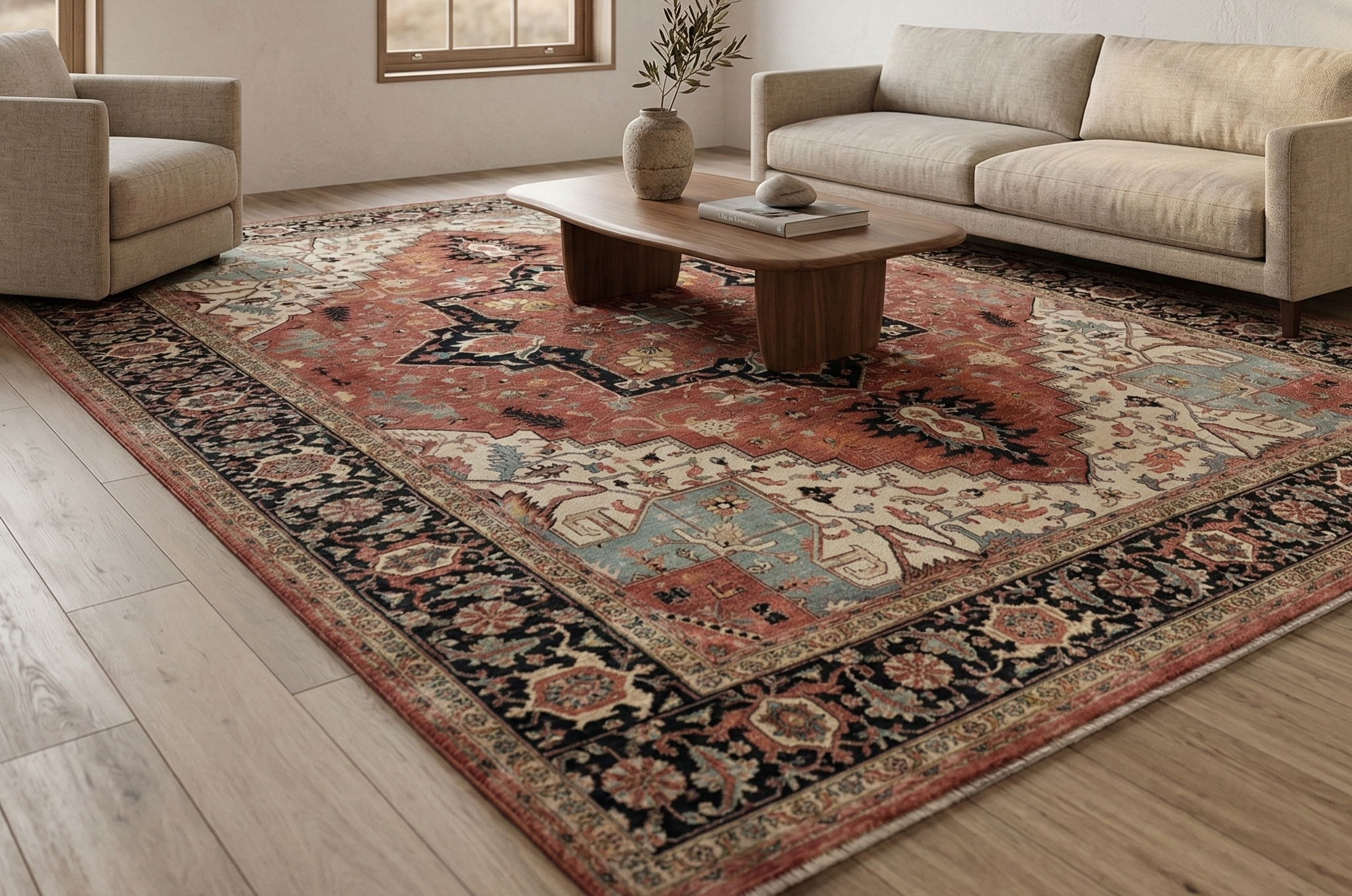 Auburn Red, Hand Spun New Zealand Wool, Hand Knotted, Antiqued Fine Heriz Re-Creation with Geometric Medallion, Vegetable Dyes, Denser Weave, Oriental Rug