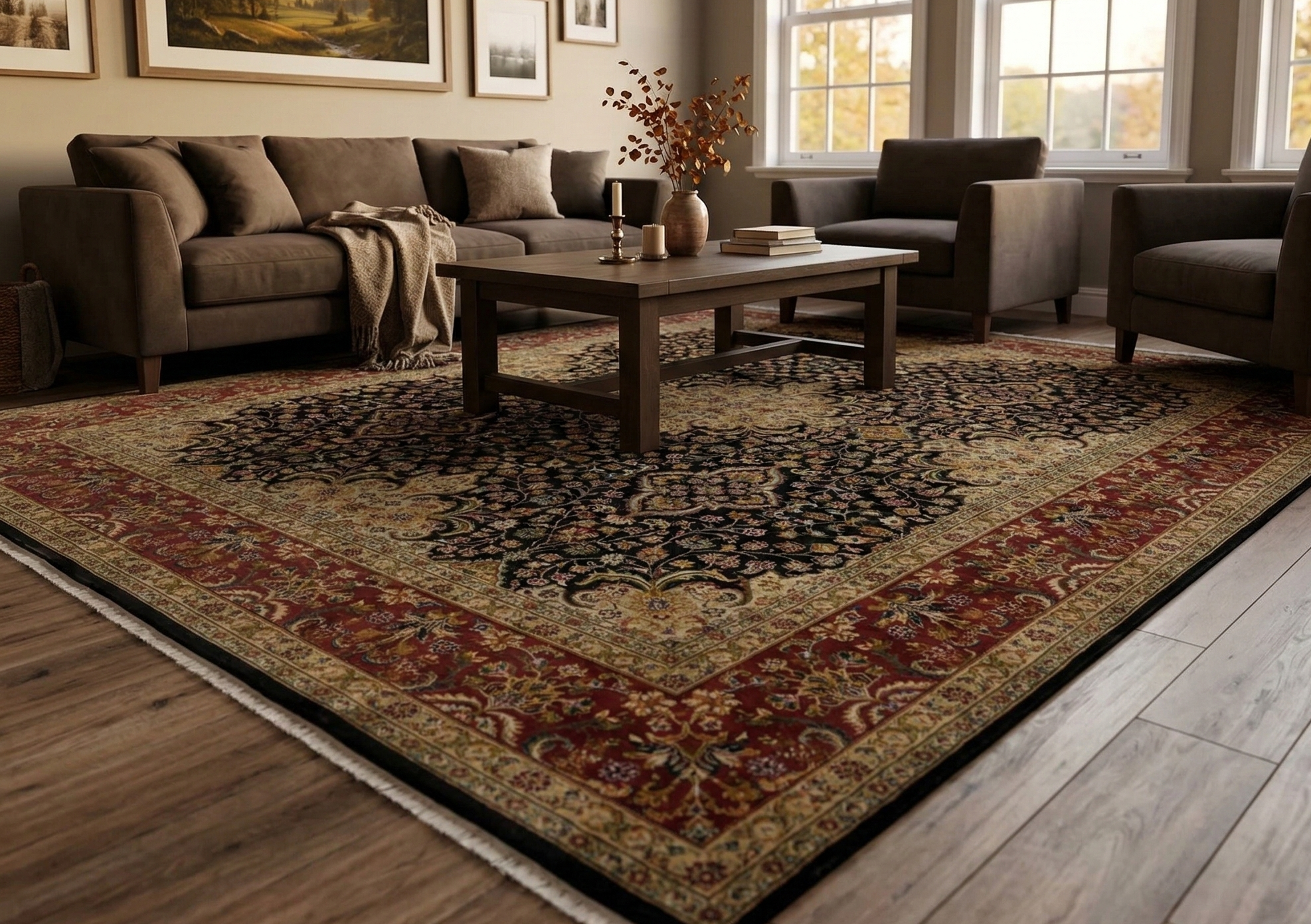 Phantom Black, Intricate Kashan Revival, Hand Knotted, Hand Spun New Zealand Wool, 300 KPSI, Oriental Rug