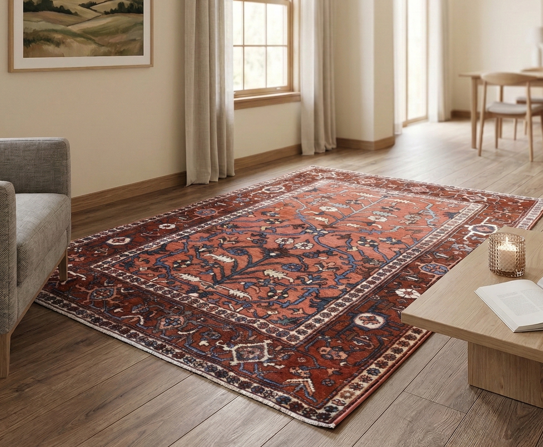 Indian Red, Antique Persian Heriz, Hand Knotted, Pure Wool, Great Condition, Sides and Ends Professionally Secured, Cleaned, Rare Smaller Size, Oriental Rug