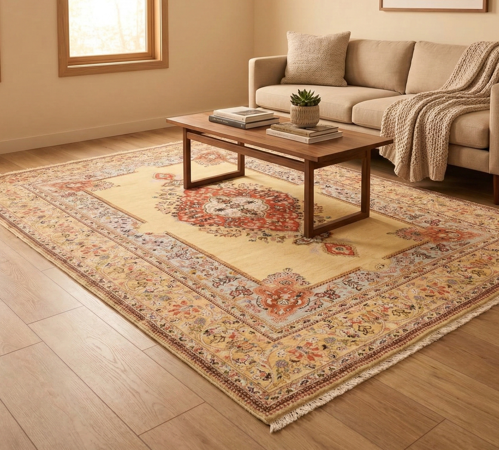 Parmesan Yellow, Vintage Persian Tabriz Taba Tabai, Medallion Design, Full Pile, Clean and in an Excellent Condition, Hand Knotted, 100% Wool, Oriental Rug