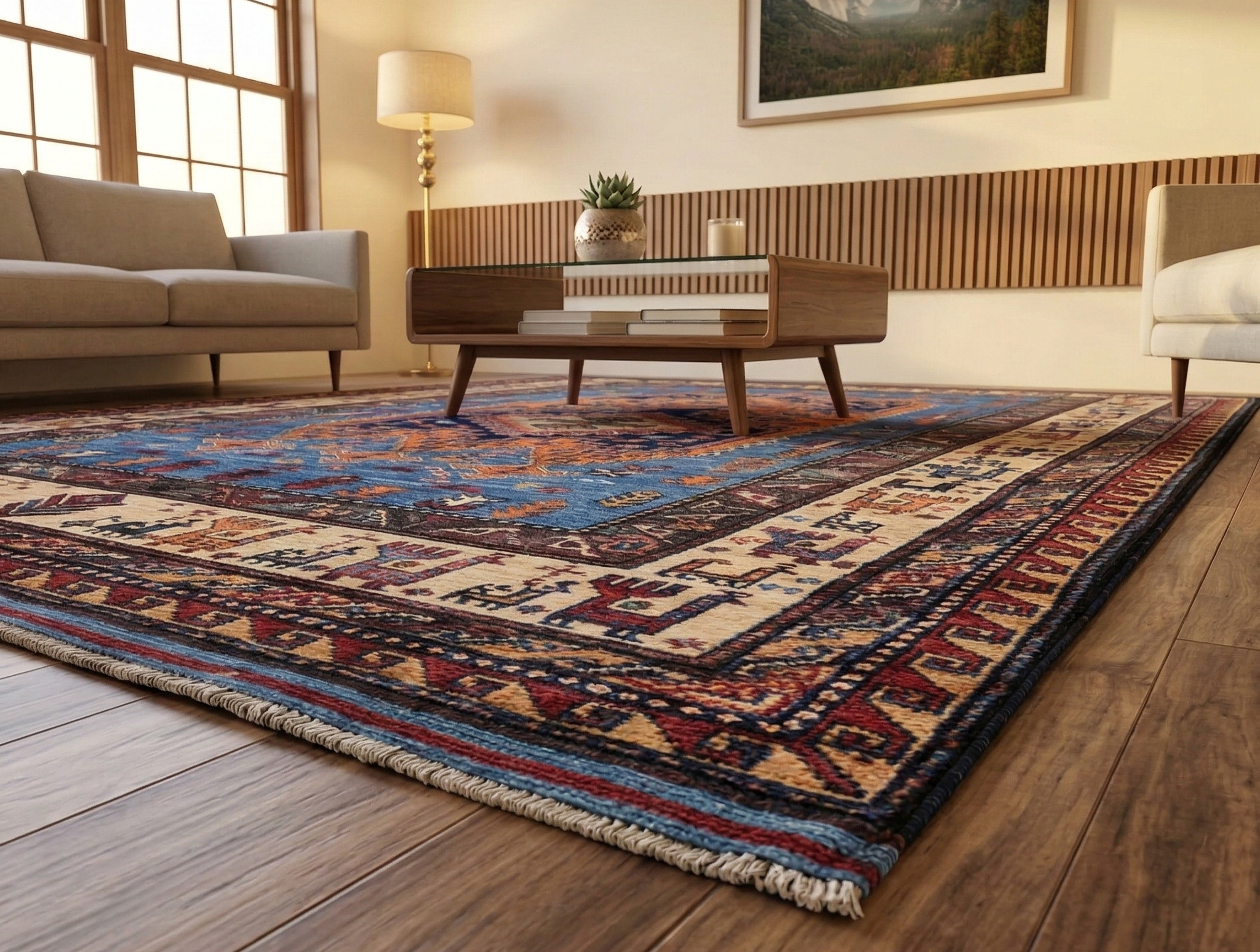 Bayern Blue, Afghan Ersari with Turkish Knot, Caucasian Design Revival, Ancient Bird Figurines, Vegetable Dyes, Densely Woven, Hand Knotted, Soft Wool, Oriental Rug