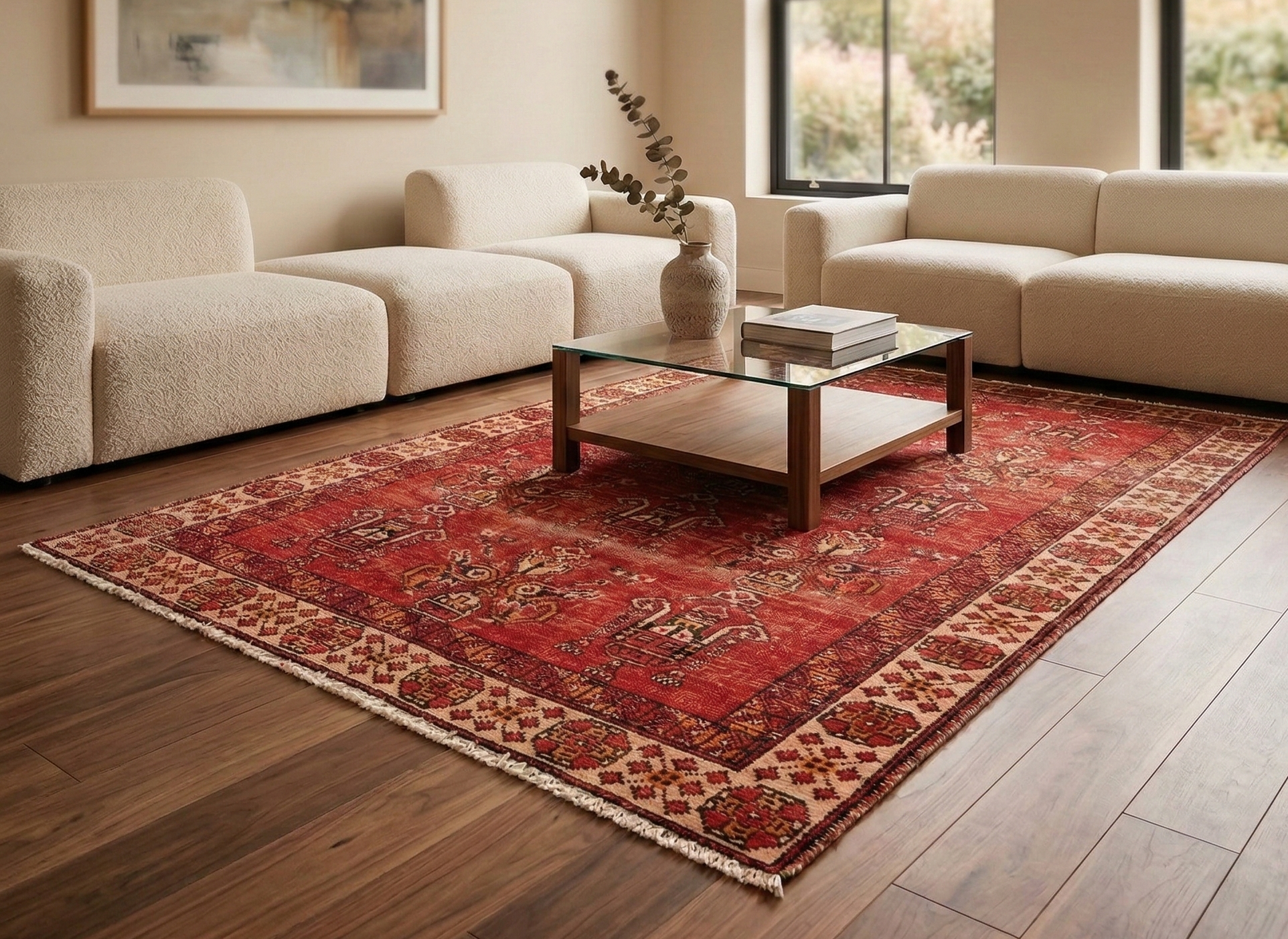 Crimson Red, Vintage Persian Shiraz, Hand Knotted, 100% Wool, Worn and Distressed, Sheared Low, Zero Pile, Sides and Ends Professionally Secured, Oriental Rug