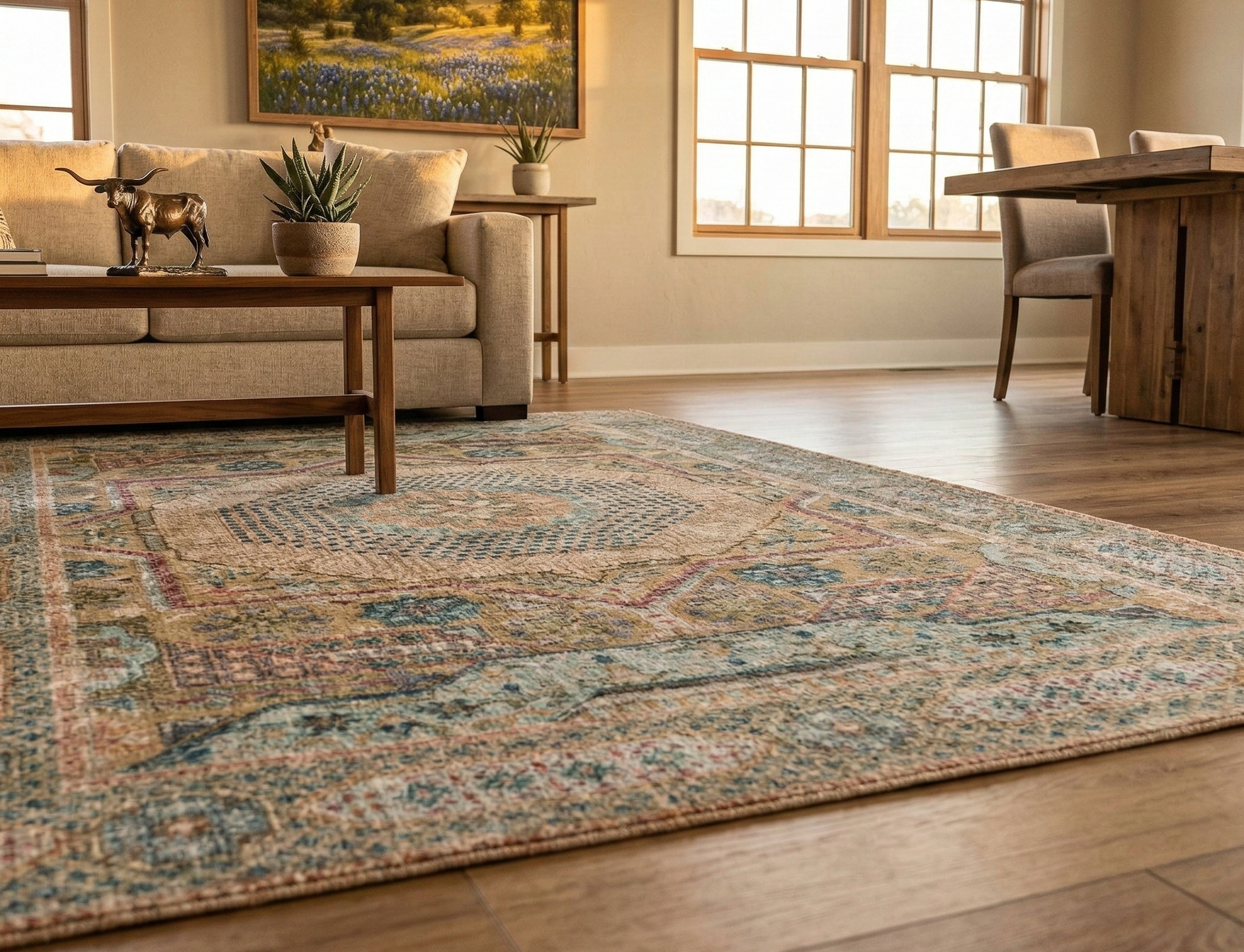 Khaki Brown, Hand Knotted, Mamluk Design with Star Medallion, Textured Wool and Silk, Oriental Rug