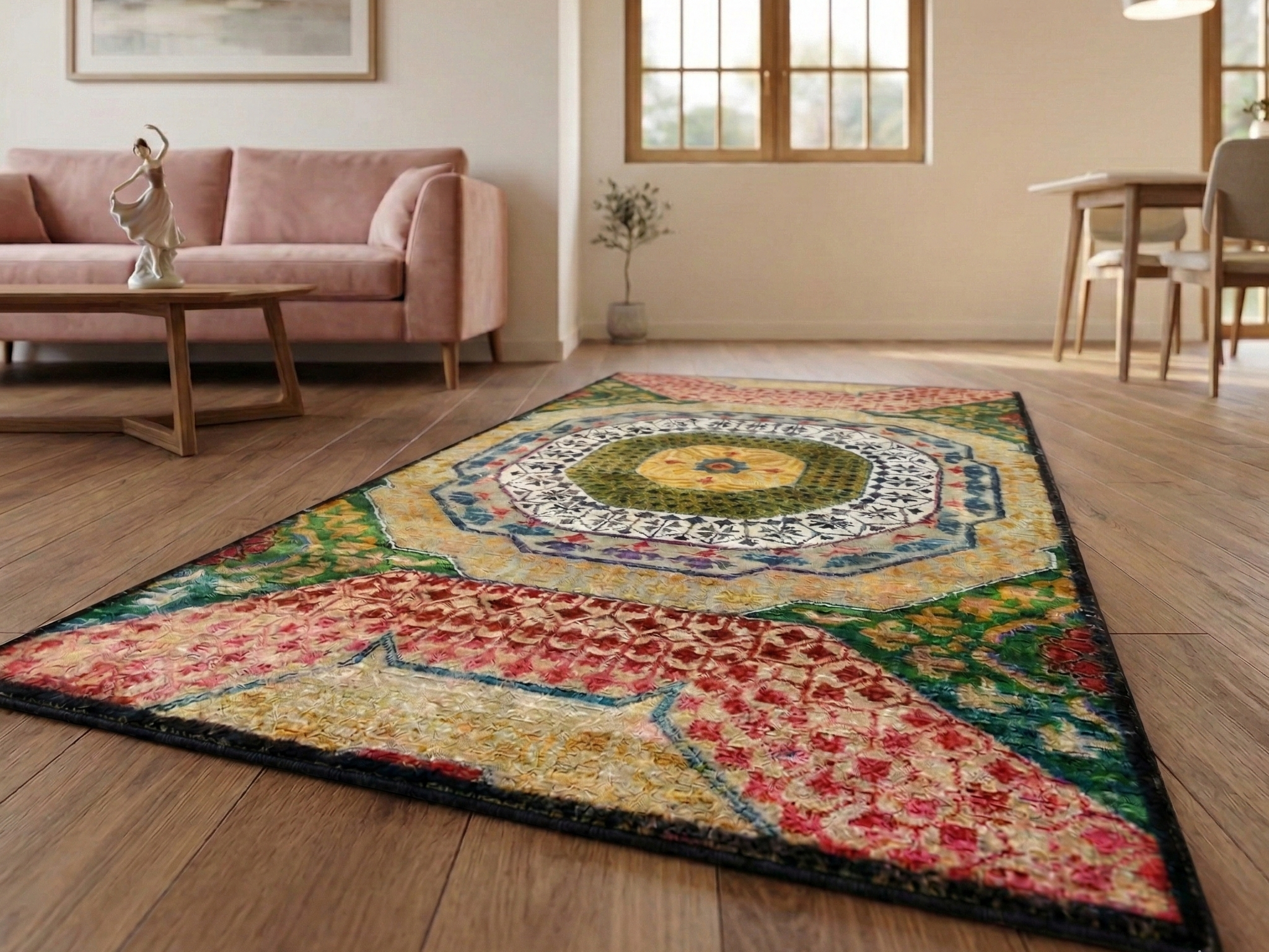 Parmesan Yellow, Colorful Mamluk Design, Hand Knotted, Sari Silk with Textured Wool, Oriental Rug