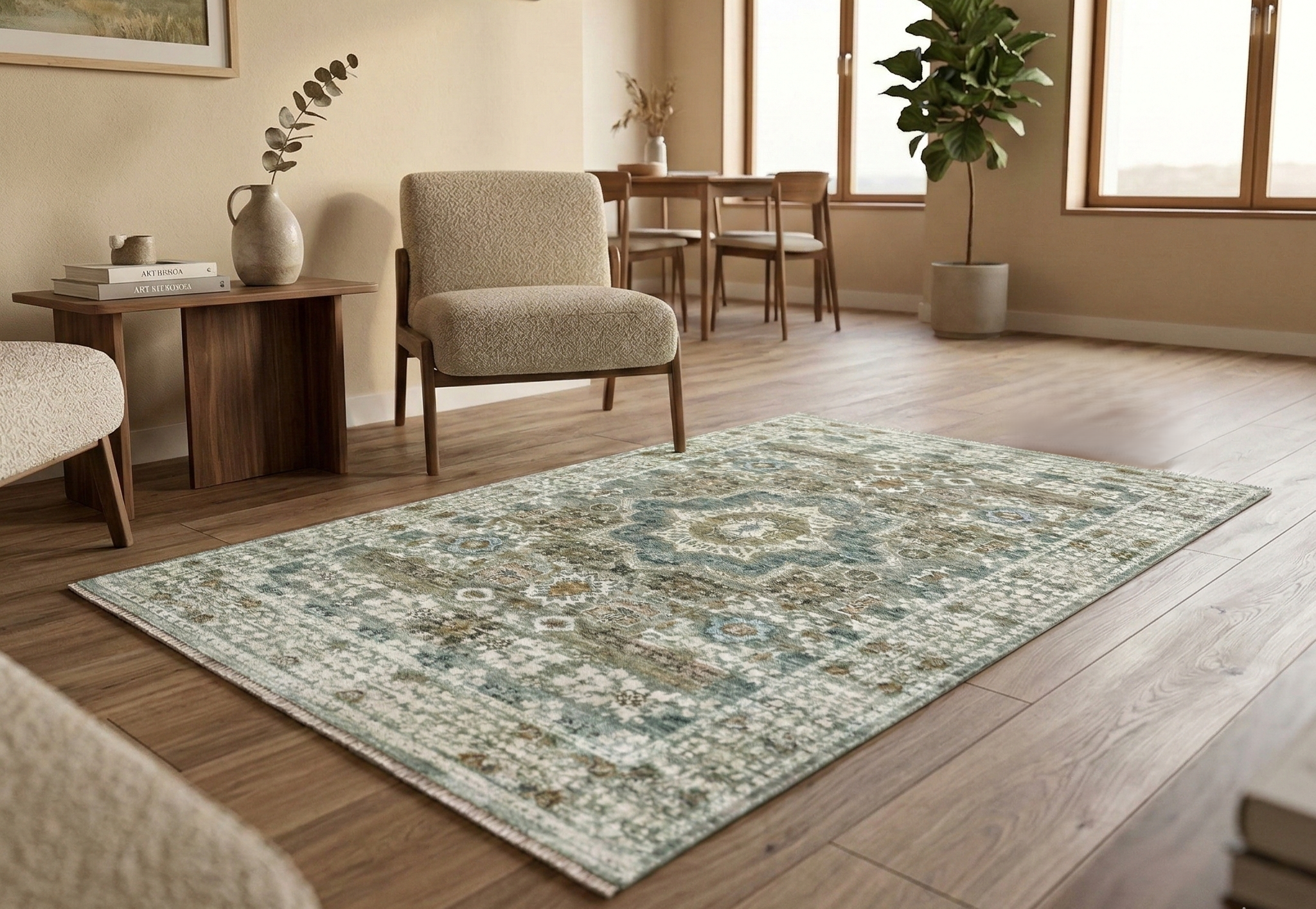 Pistachio Green, Hand Knotted, Pure Wool, Pre Historic 14th Century Influence, Mamluk Design, Natural Dyes, Oriental Rug