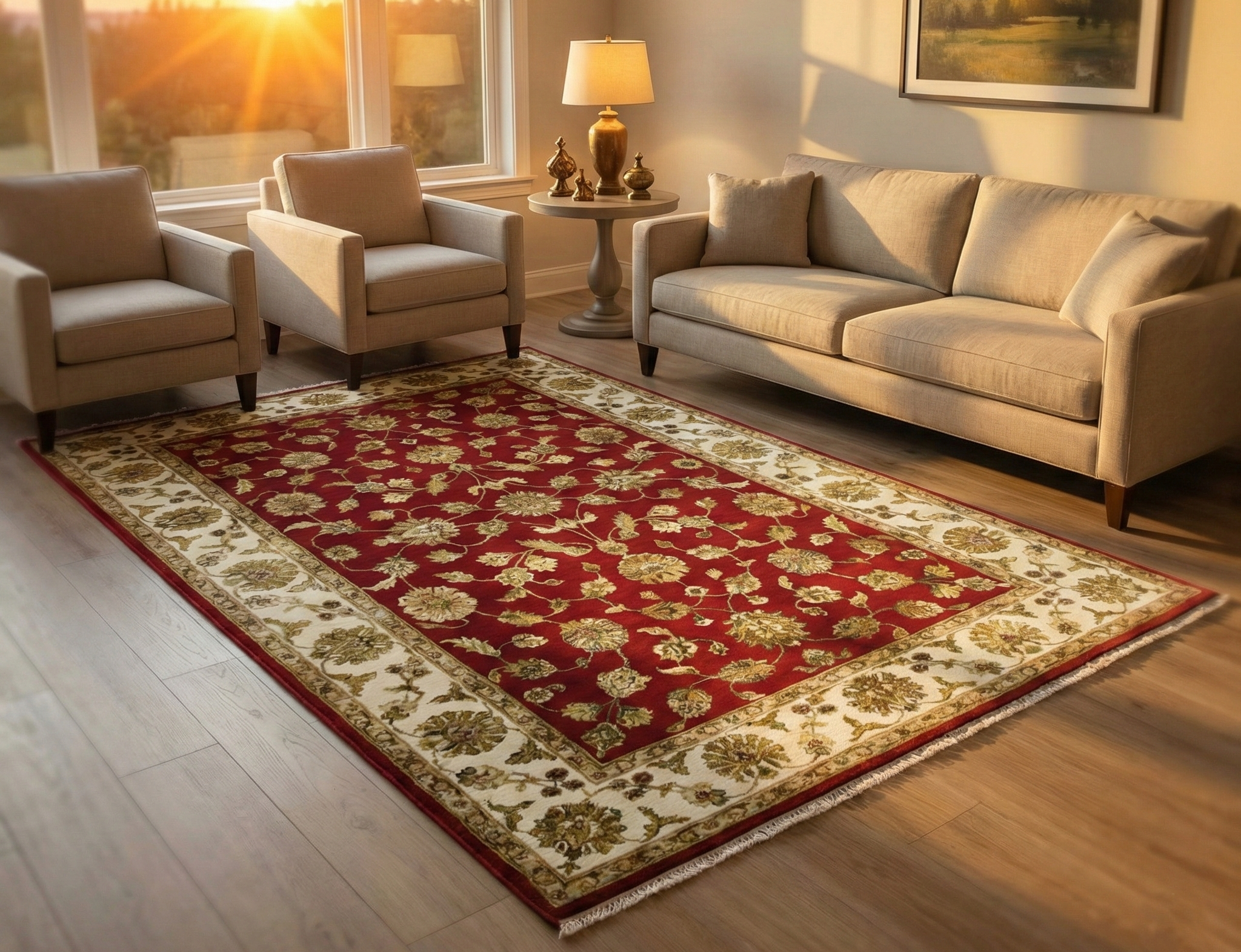 Ruby Red, Thick and Plush, Rajasthan with All Over Leaf Design, Hand Knotted, Wool and Silk, Soft Pile, Oriental Rug