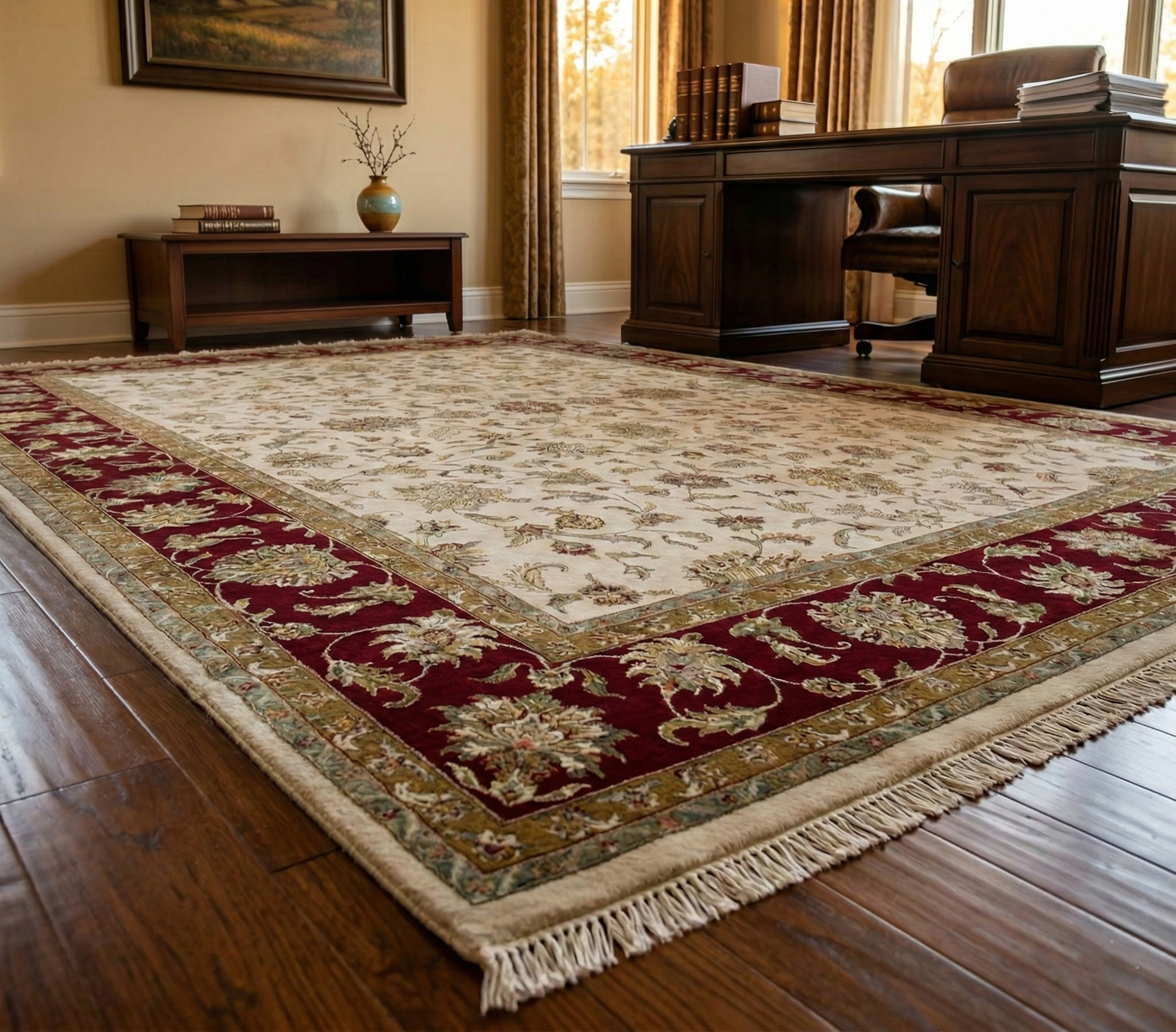 Floral White, Hand Knotted, Half Wool and Half Silk, Rajasthan All Over Leaf Design, Oversized Oriental Rug