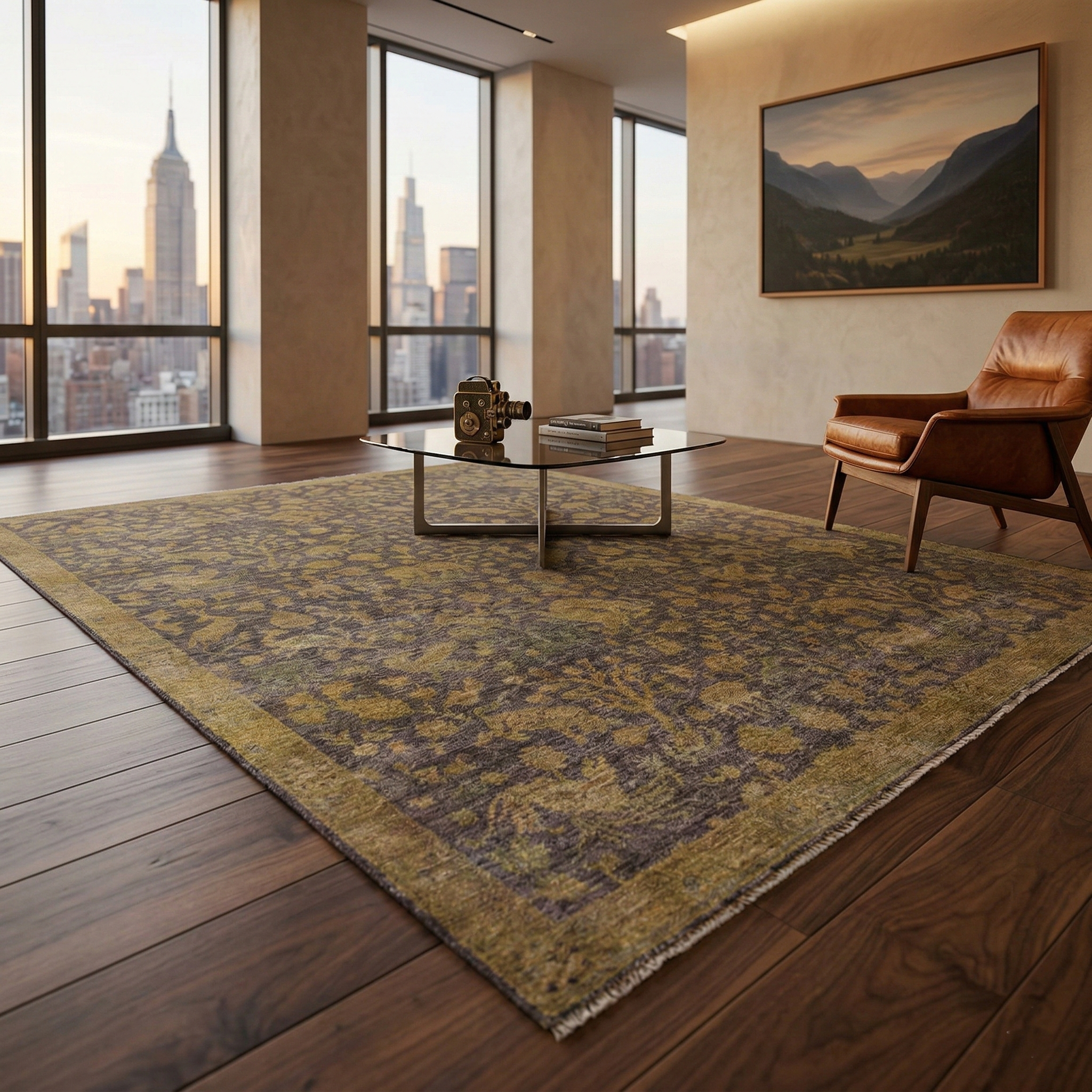 Mocha Brown, Overdyed Persian Design with Hunting Scene, 100% Wool, Hand Knotted, Distressed, Zero Pile, Oriental Rug