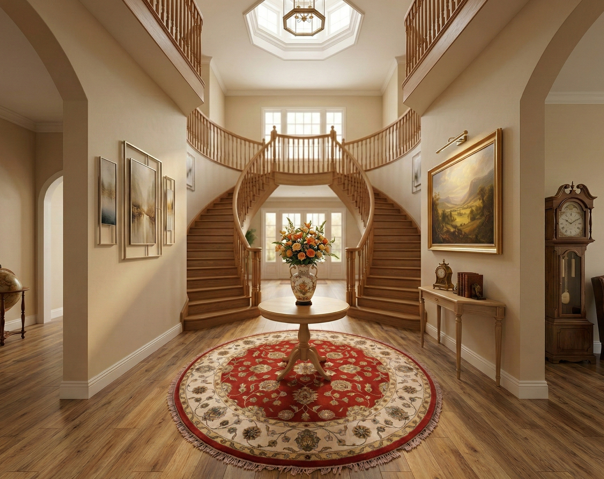 Caliente Red With Cloud White, Rajasthan Design All Over Pattern, Hand Knotted Thick and Plush, Wool and Silk, Round Oriental Rug