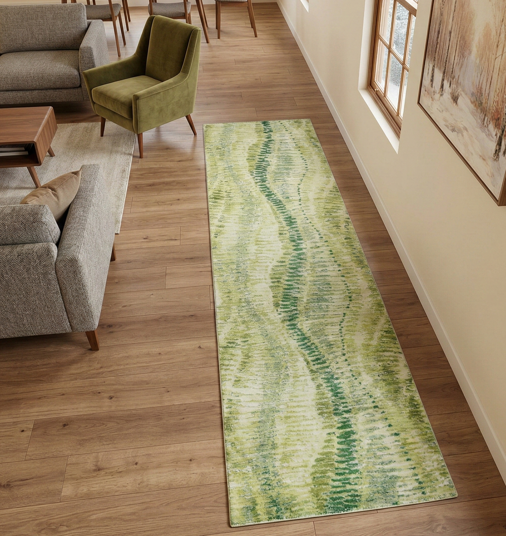 Shades of Green, Soft to the Touch, 100% Silk, Hand Knotted, Crocodile Safari Design, Runner, Oriental Rug