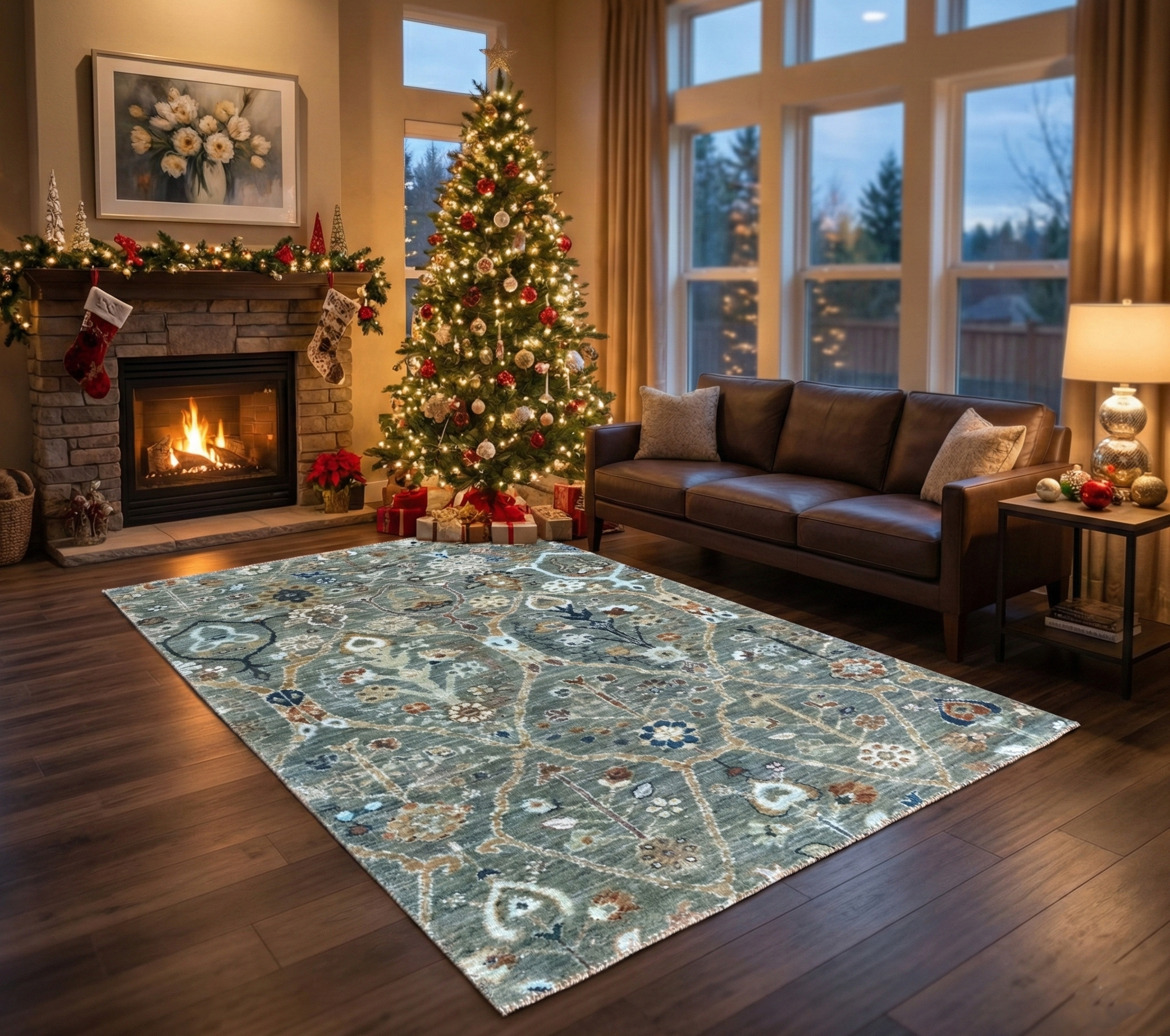 Hunter Green, Trellis Borderless Garden Design, Agra, Hand Knotted, Hand Spun New Zealand Wool, Oriental Rug