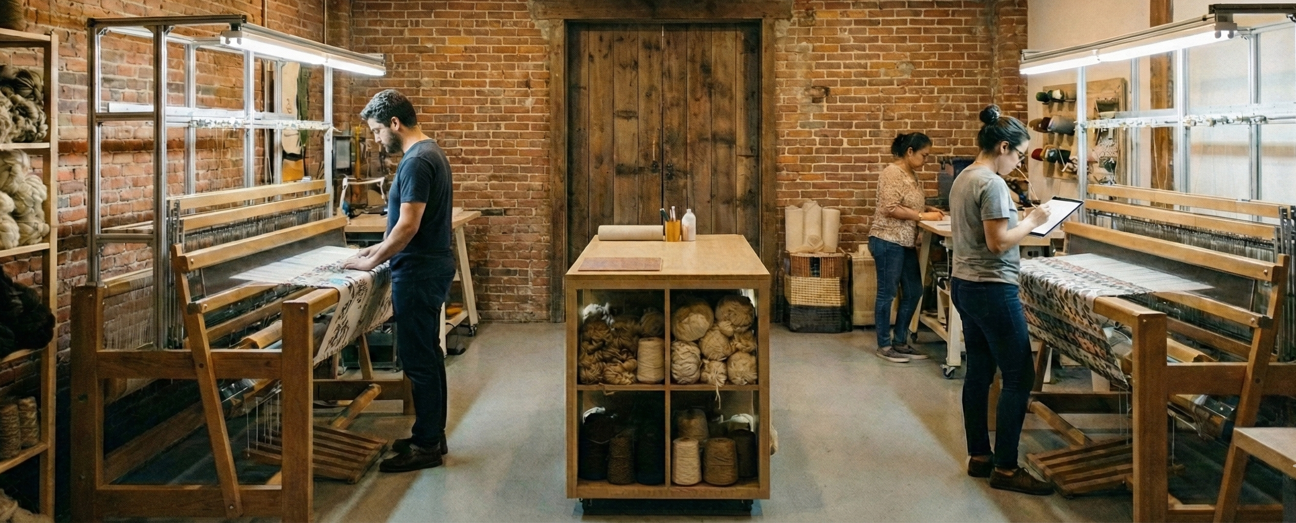 Illustration of carpet making in a workshop.