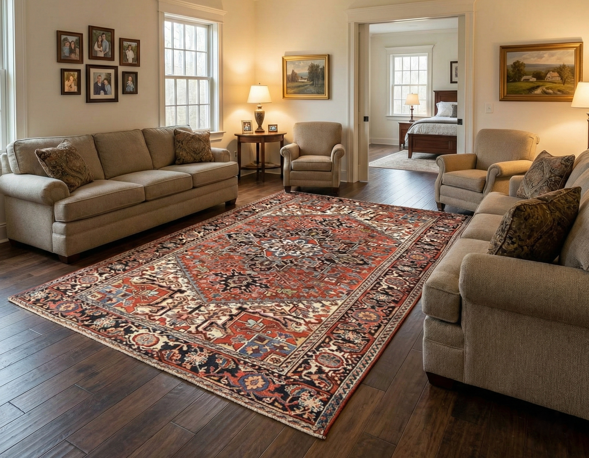 Savvy Red, Antique Persian Heriz, Good Condition, Clean, Hand Knotted, 100% Wool, Rare Size, Sides and Ends Professionally Secured, Oriental Rug