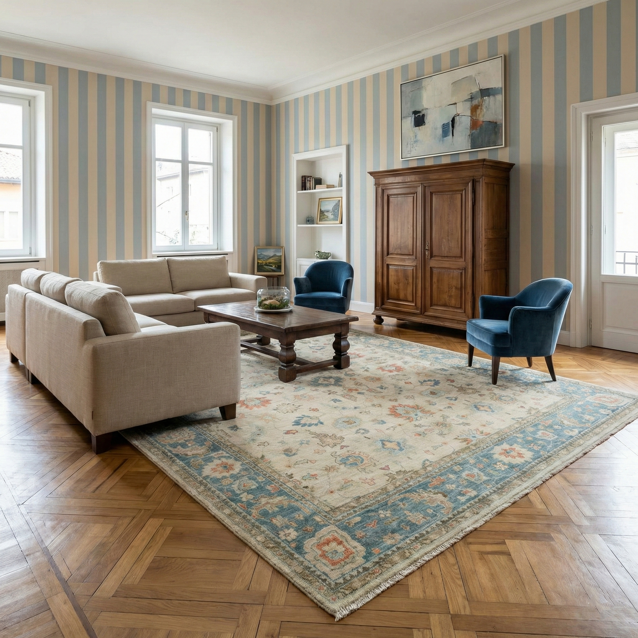 Crema clara, lana suave anudada a mano, Oushak con diseño floral Colección Supple Gruesa y mullida, alfombra oriental oversize