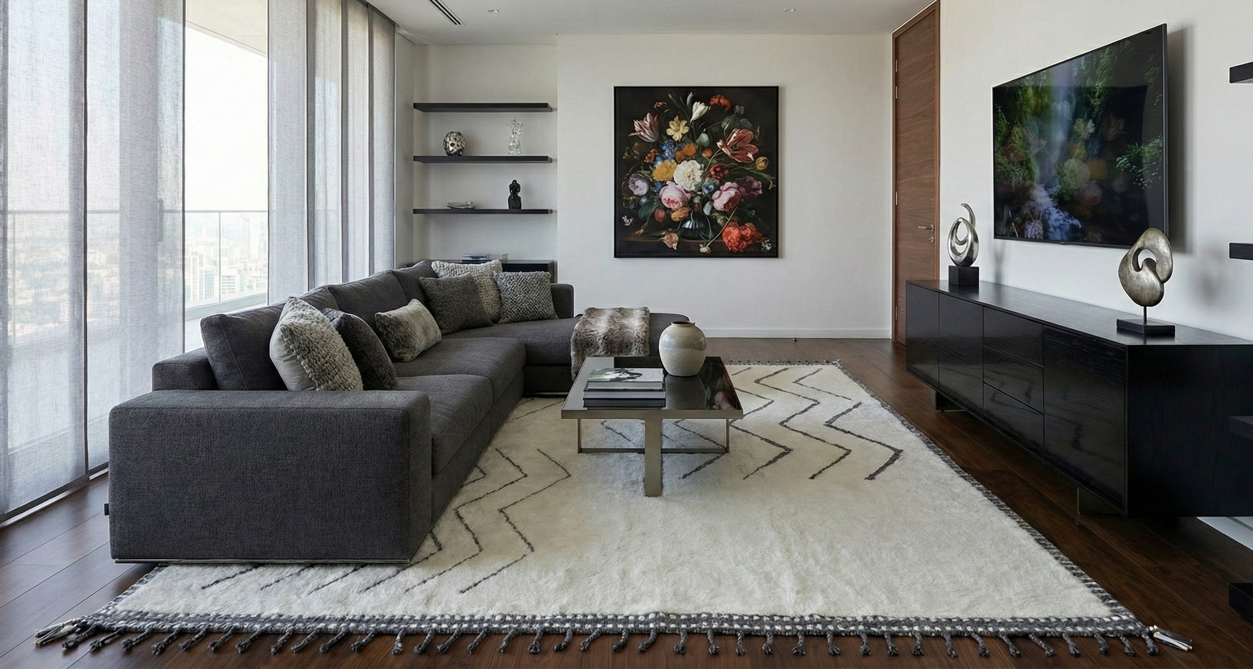 Daisy White, Moroccan Weave with Geometric Line Design, Modern, Textured Pile, Natural Undyed Wool, Shabby Chic, Hand Knotted, Oriental Rug