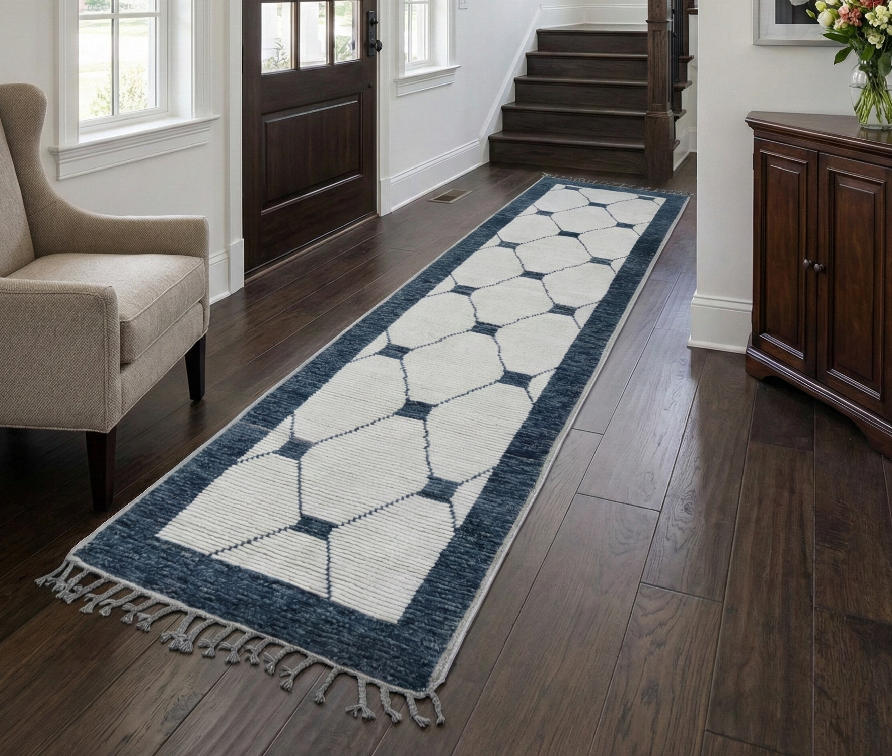 Daisy White, Moroccan Weave with Geometric Pattern, Hand Knotted, Tone on Tone, Soft Wool, Textured Pile, Runner, Oriental Rug