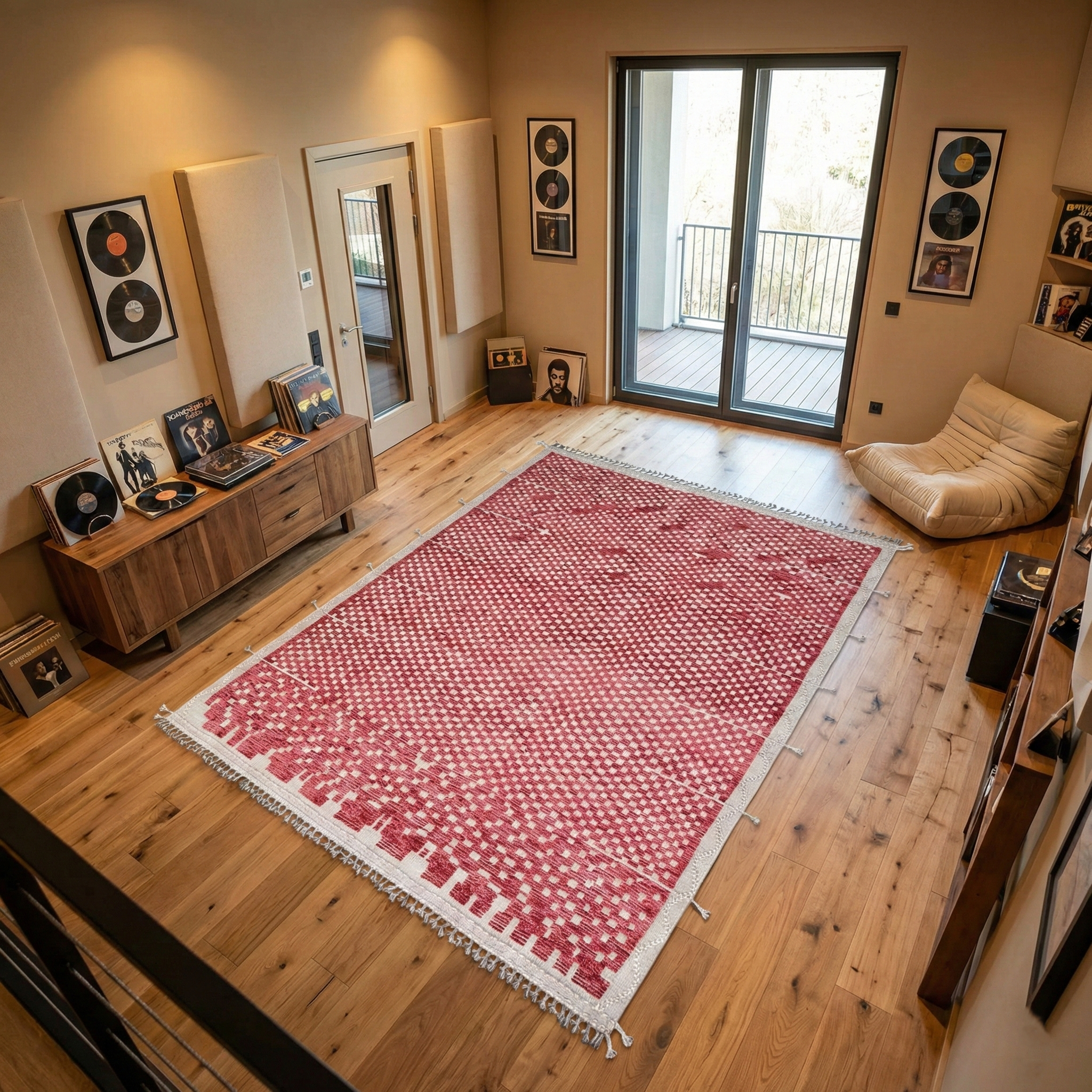 Chilli Pepper Red With Narrow Border, Hand Knotted, 100% Wool, All Over Grid Design, Marmoucha Inspired Moroccan Oriental Rug