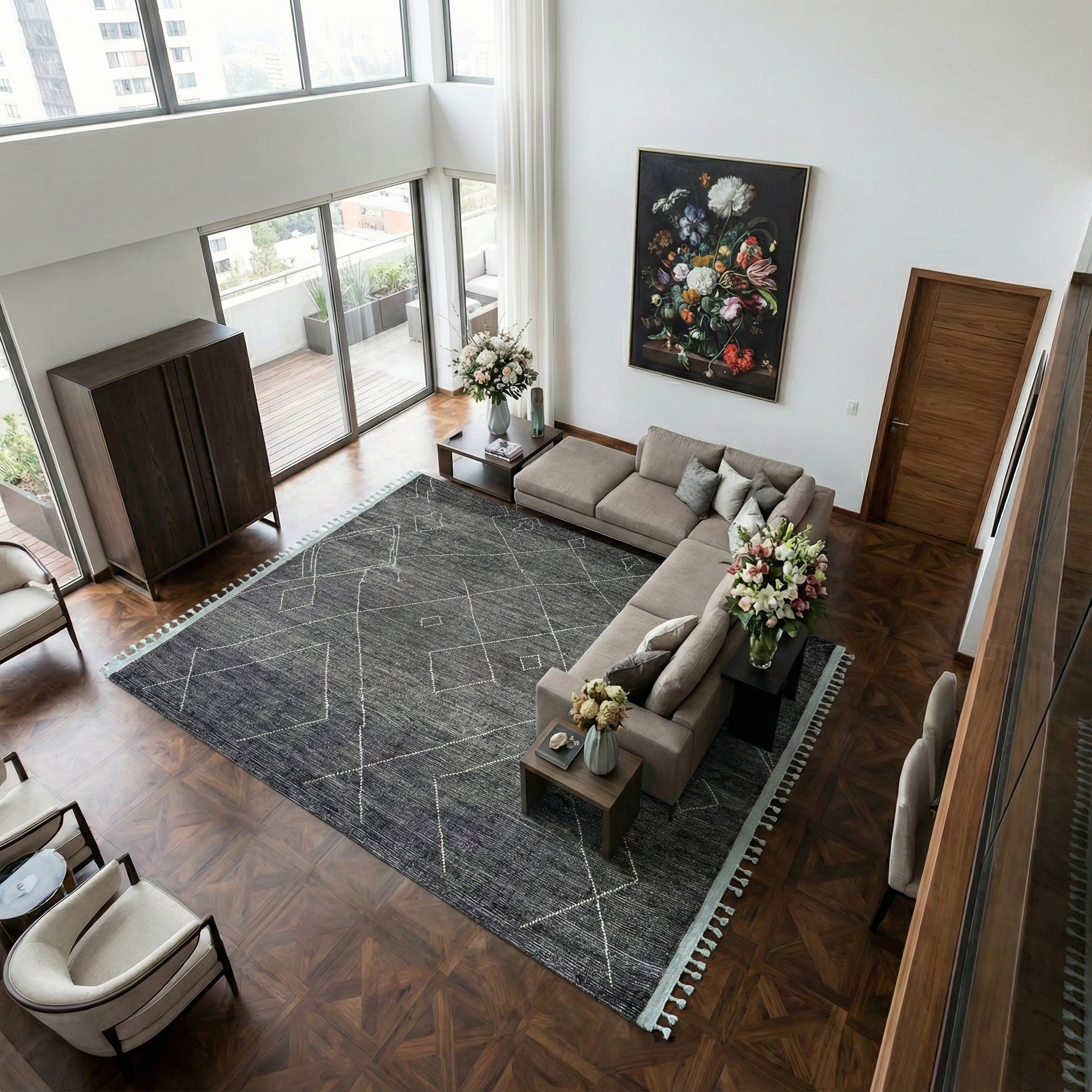 Charcoal Black, Moroccan Weave with Geometric Pattern, Soft Wool, Hand Knotted, Tone on Tone, Textured Pile, Oriental Rug