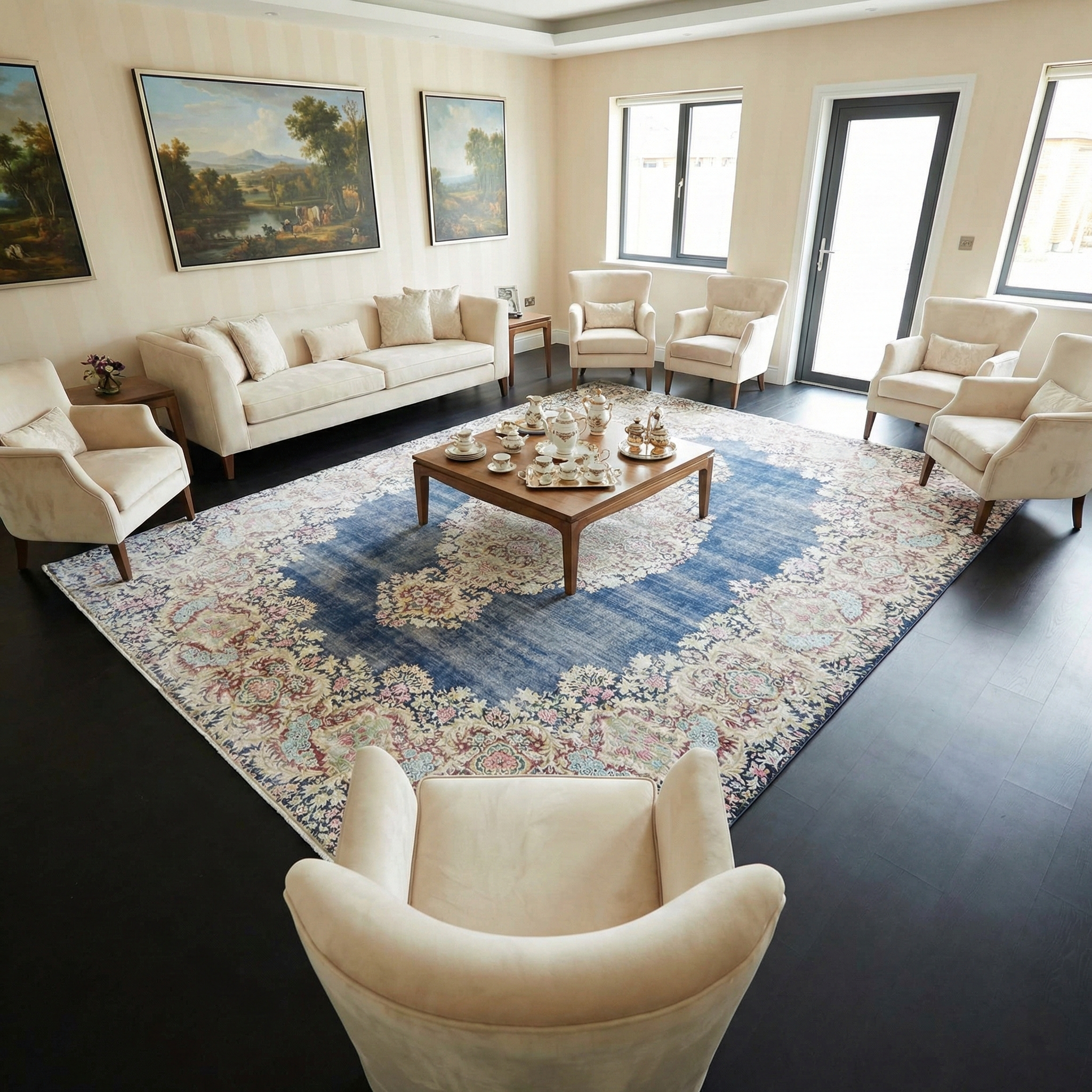 Distressed Look, Worn Wool, Sheared Low, Hand Knotted, Denim Blue, Vintage Persian Kerman, Oriental Rug