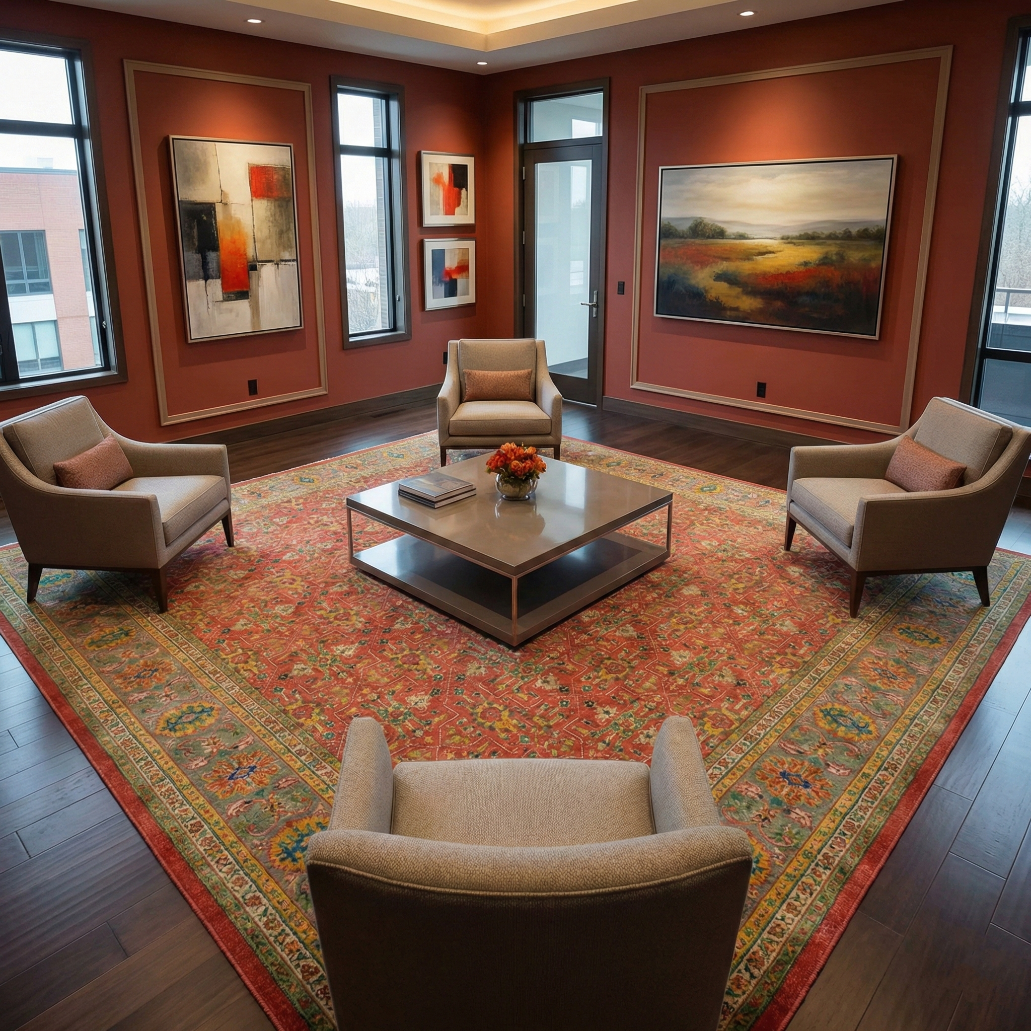 Fire Brick Red, Sheared Low, 100% Wool, Hand Knotted, Antiqued Oushak Reimagined Repetitive Star and Rosette Design, Oversized Oriental Rug