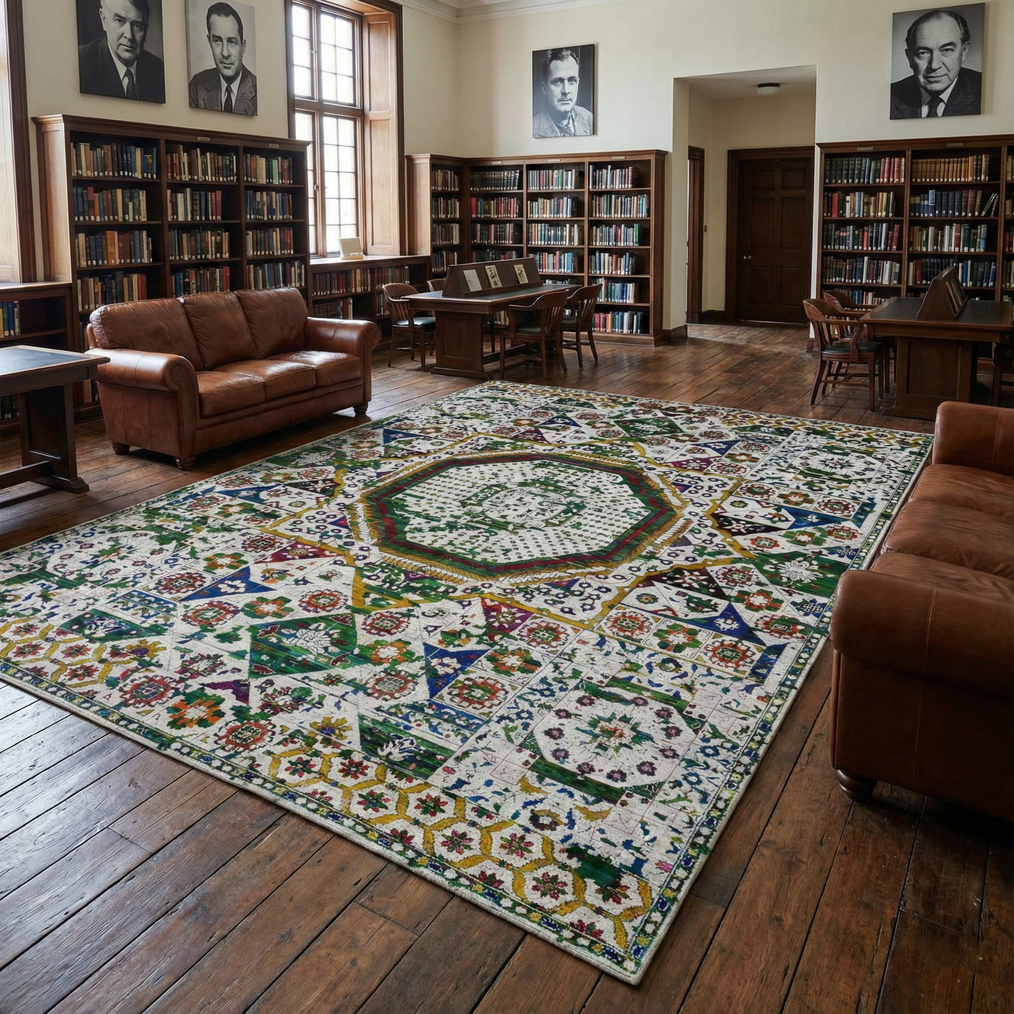 Ivory, Sari Silk, Colorful Mamluk Design, Hand Knotted, Oriental Rug