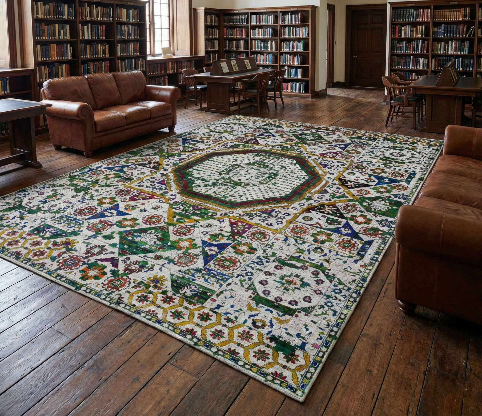 Ivory, Sari Silk, Colorful Mamluk Design, Hand Knotted, Oriental Rug