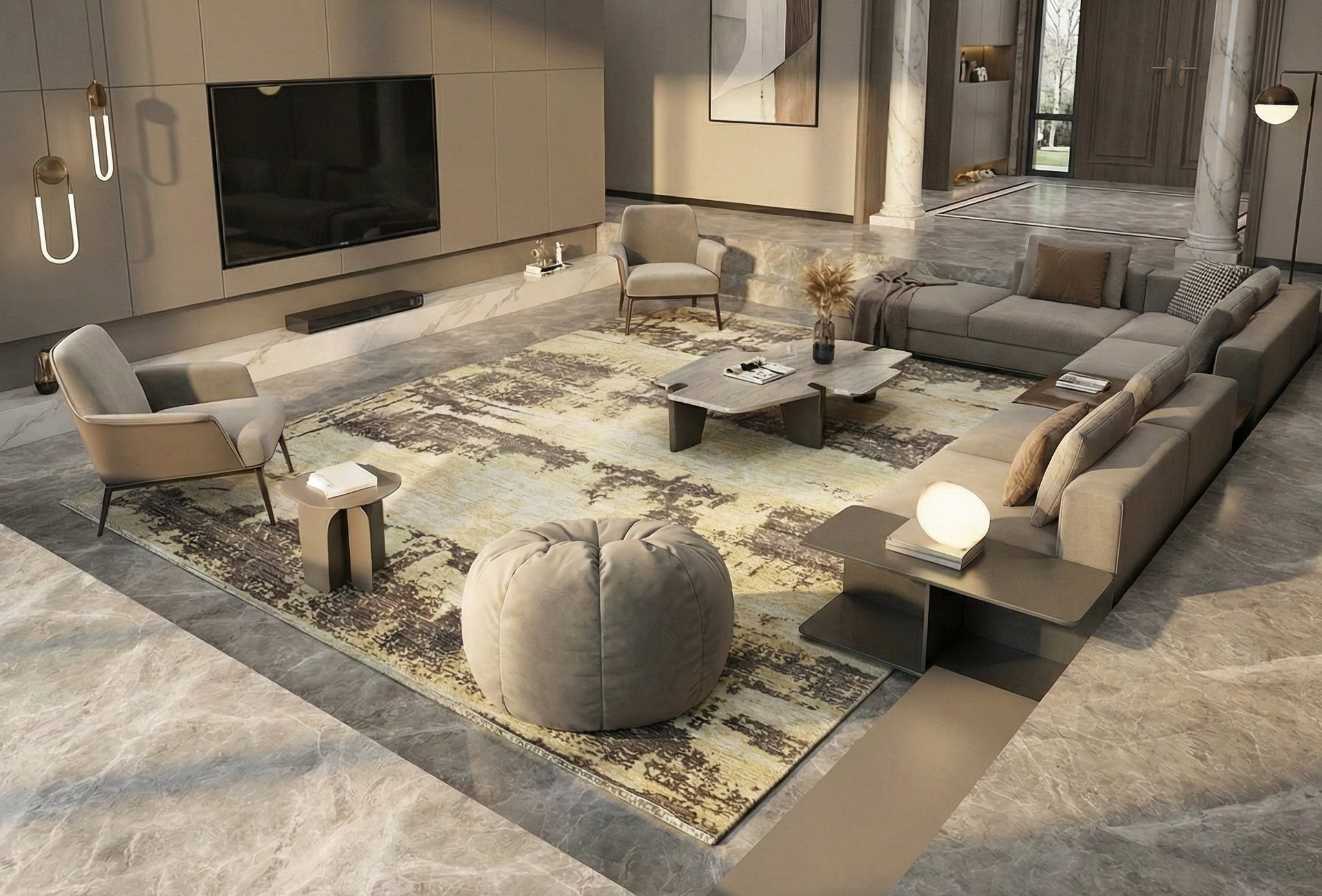 Ivory & Chocolate Brown, Modern Abstract Design with Natural Colors, Hand Knotted, Wool and Silk, Oriental Rug