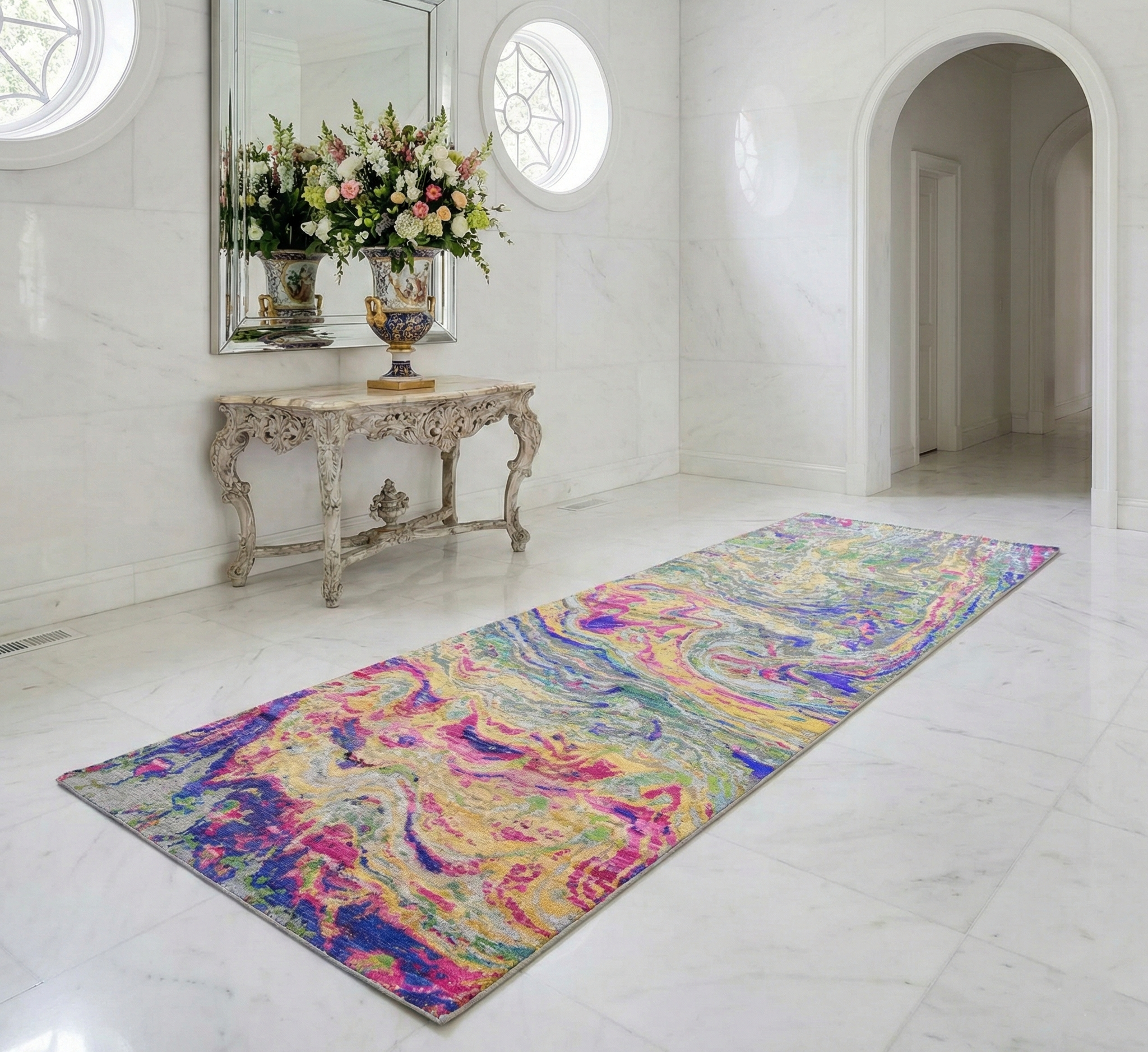 Colorful, Sari Silk with Textured Wool, The Lava Design, Runner, Hand Knotted, Oriental Rug