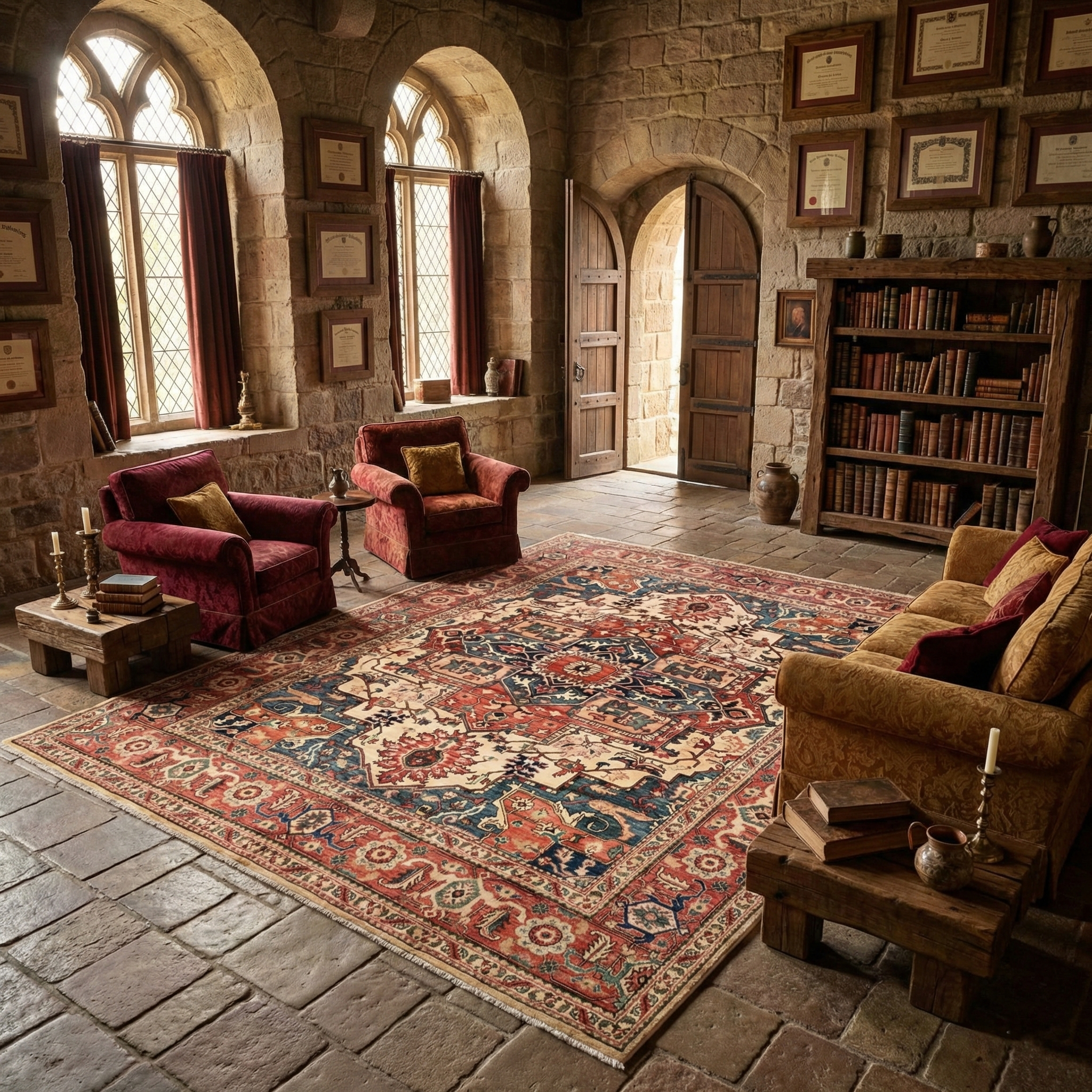 Beige, Serapi Heriz with Large Medallion Design, Aryana Grade, Vegetable Dyes, High Mountain Wool, Hand Knotted, Soft Pile, Densely Woven, Oriental Rug