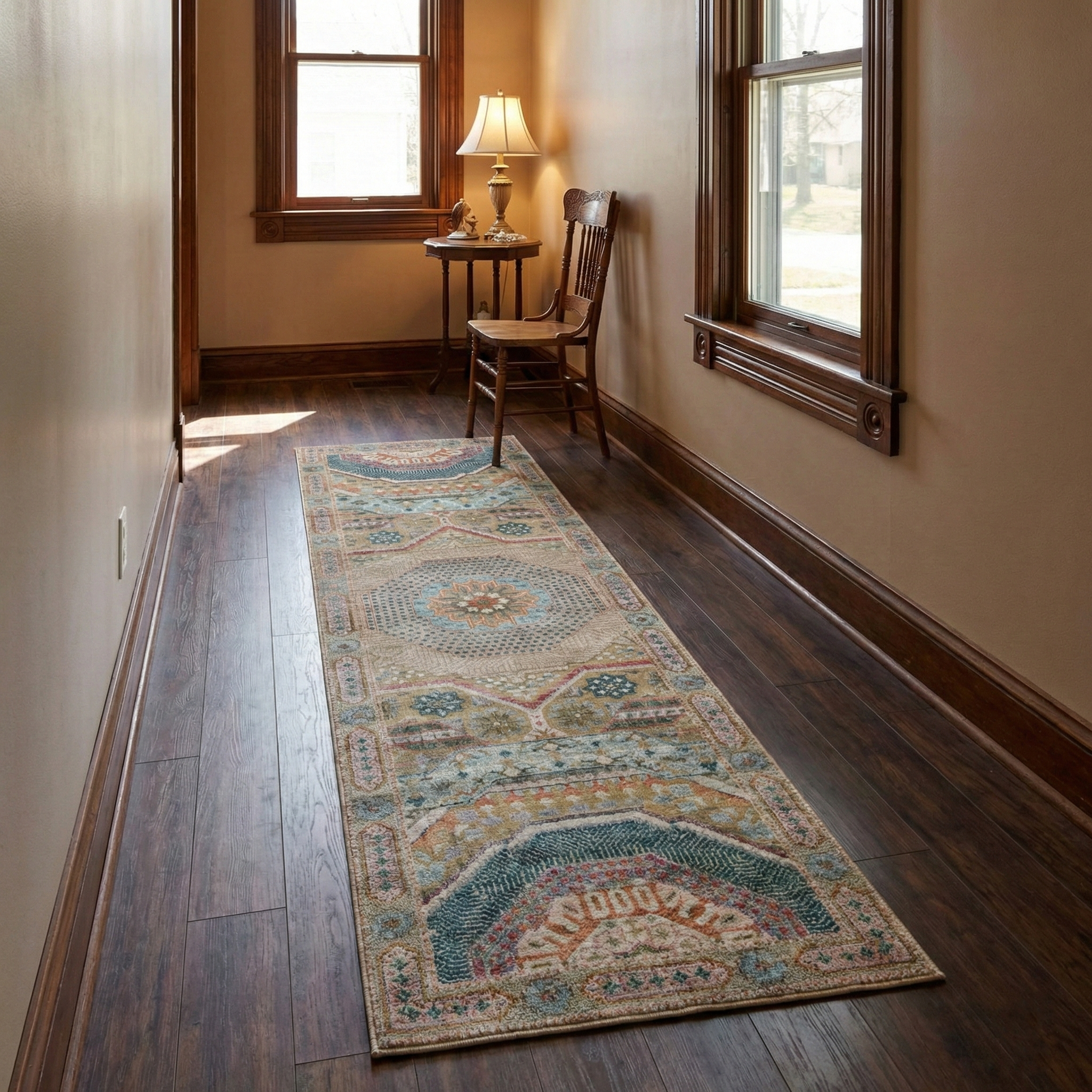 Almond Brown, Hand Knotted, Mamluk Design with Star Medallion, Textured Wool and Silk, Runner, Oriental Rug