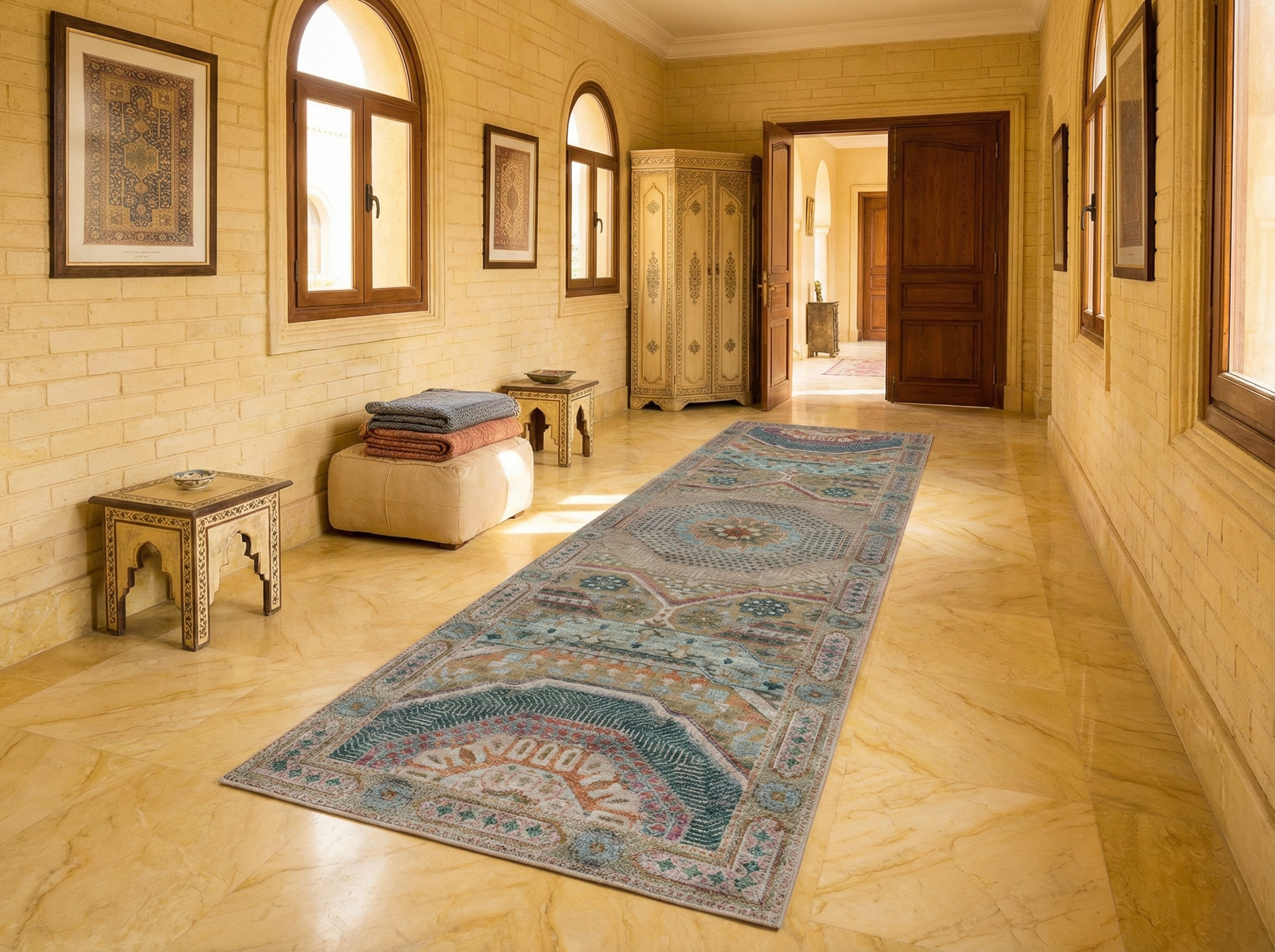 Almond Brown, Hand Knotted, Mamluk Design with Star Medallion, Textured Wool and Silk, Runner, Oriental Rug