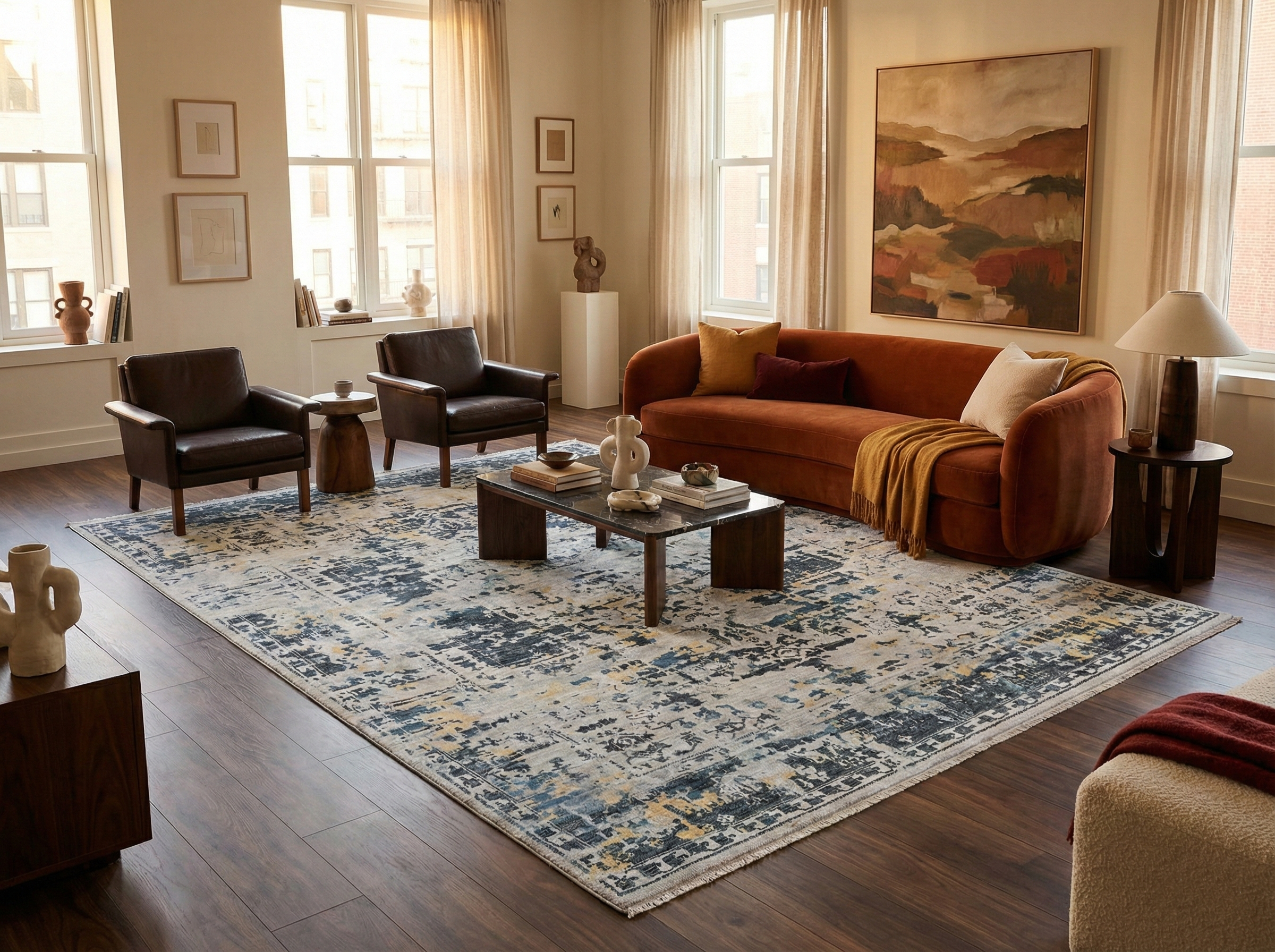 Ivory and Blue, Hand Knotted, Densely Woven, Pure Wool, Erased Persian Serapi Heriz Design, Oriental Rug