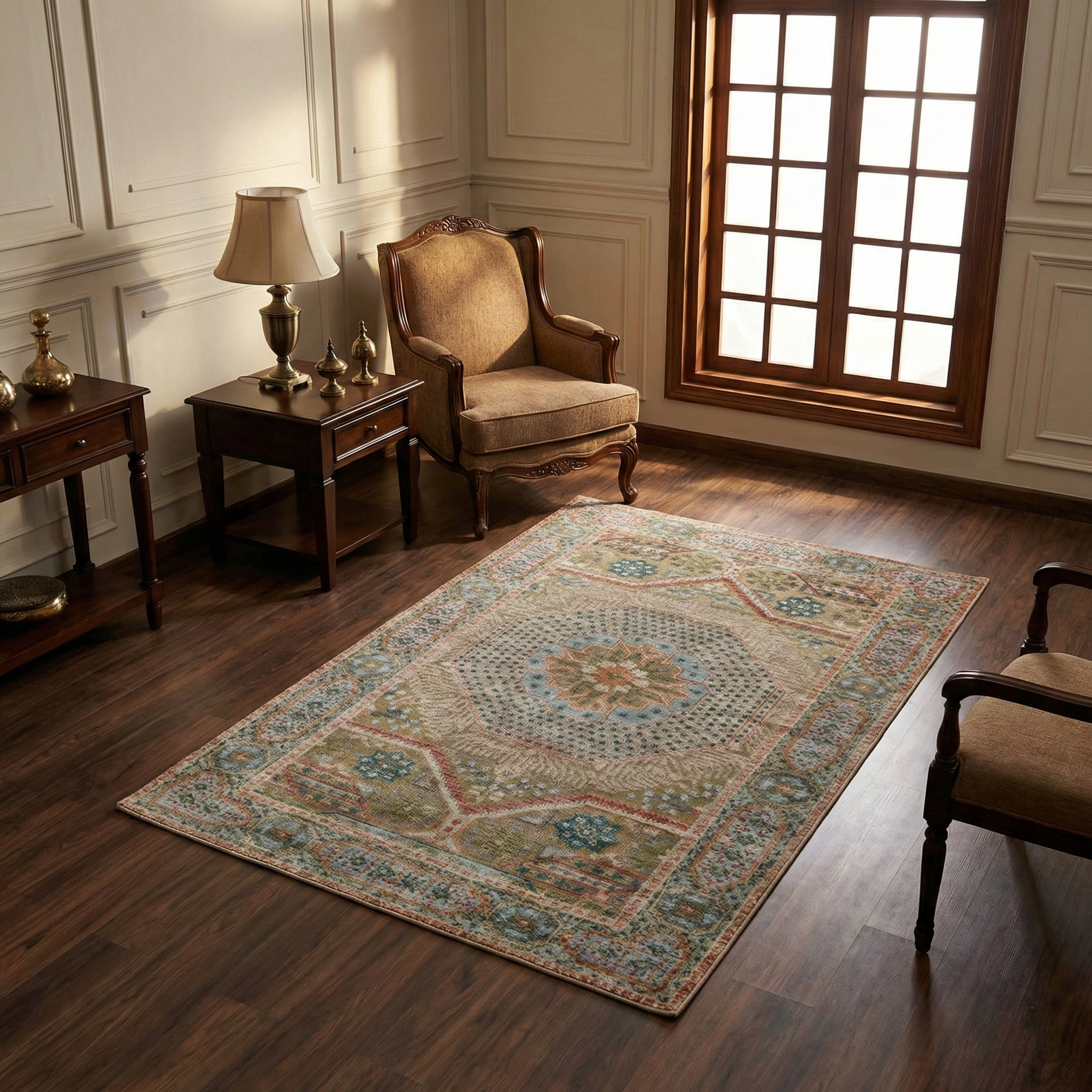 Lark Brown, Mamluk Design with Star Medallion, Textured Wool and Silk, Hand Knotted, Oriental Rug