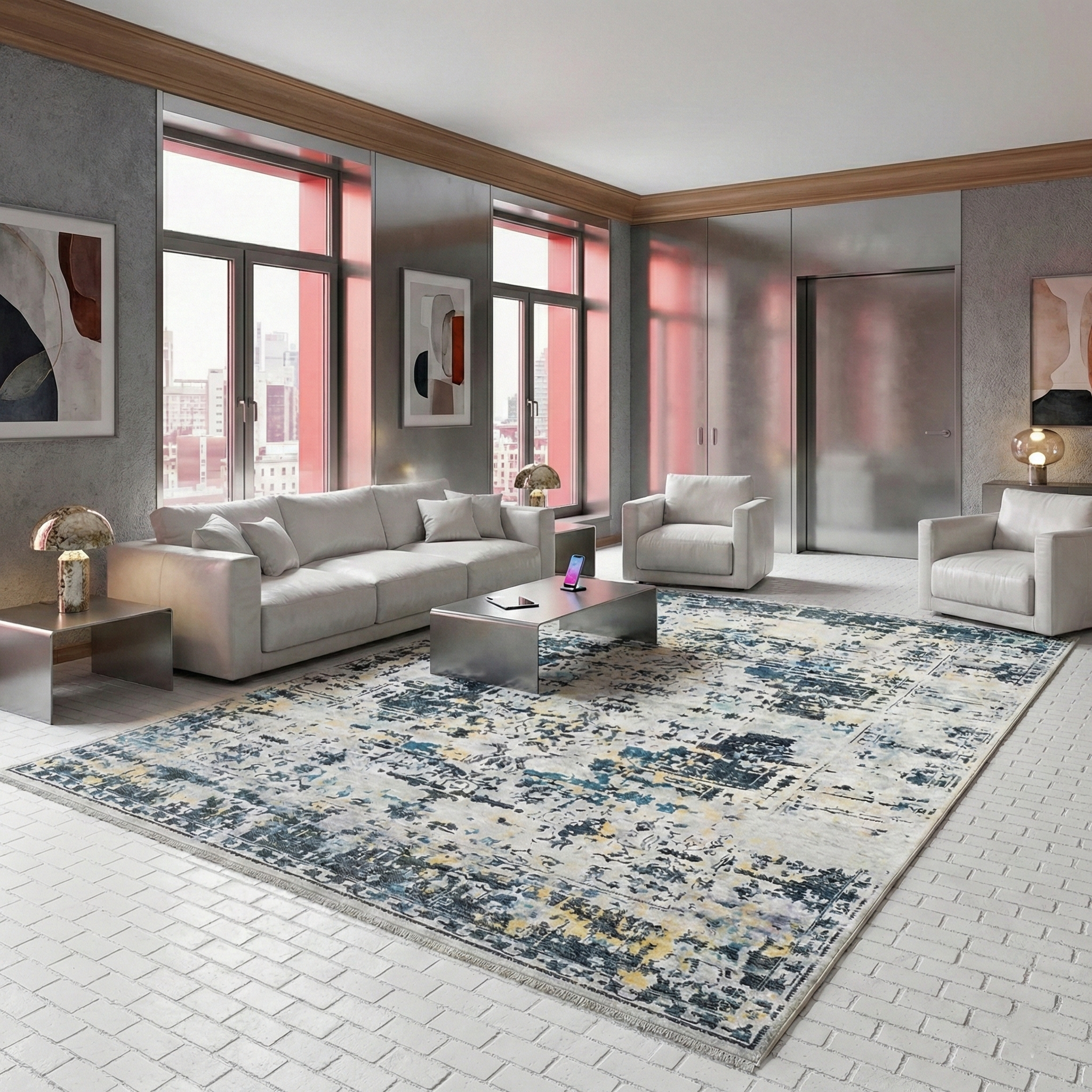 Ivory and Blue, Hand Knotted, Densely Woven, Pure Wool, Erased Persian Serapi Heriz Design, Oriental Rug