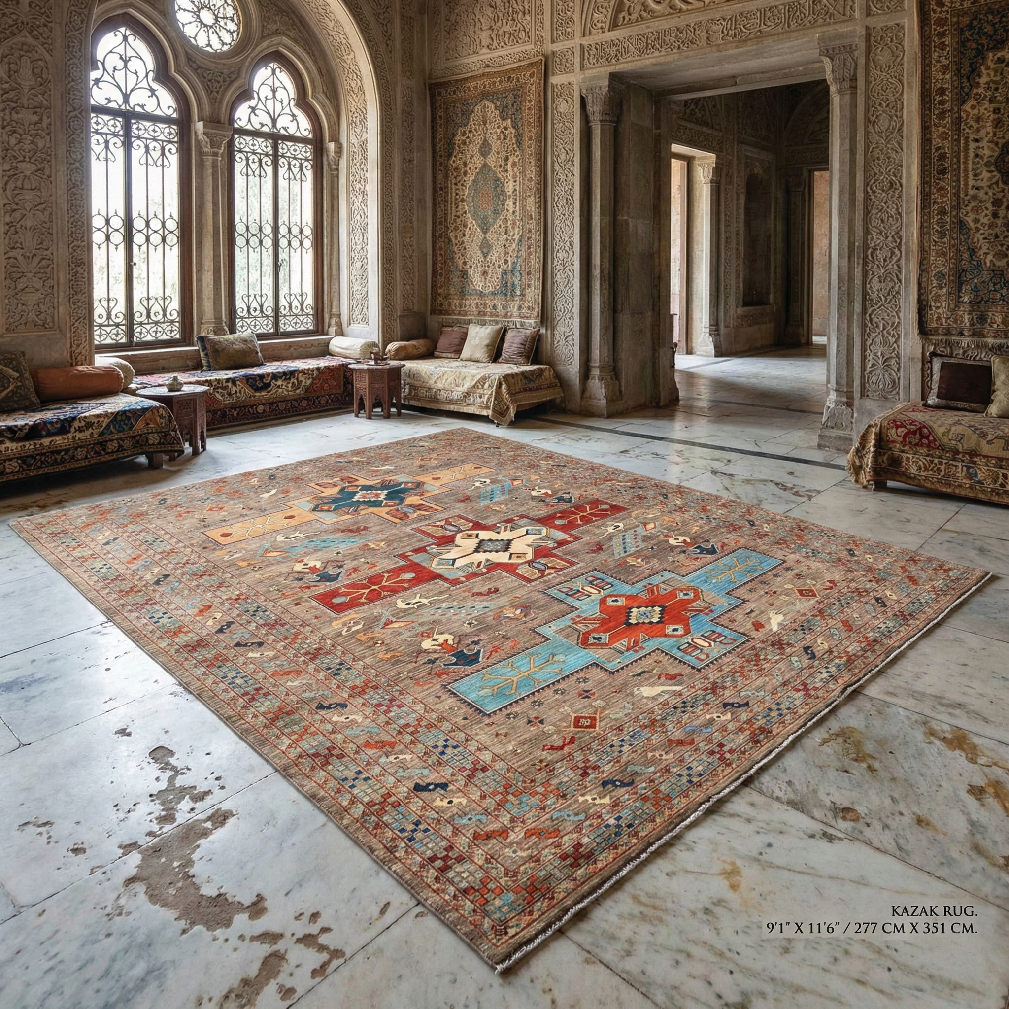 Taupe Gray, Armenian Inspired Caucasian Design, Small Bird Figurines, Velvety Wool, Densely Woven, 200 KPSI, Hand Knotted, Natural Dyes, Oriental Rug