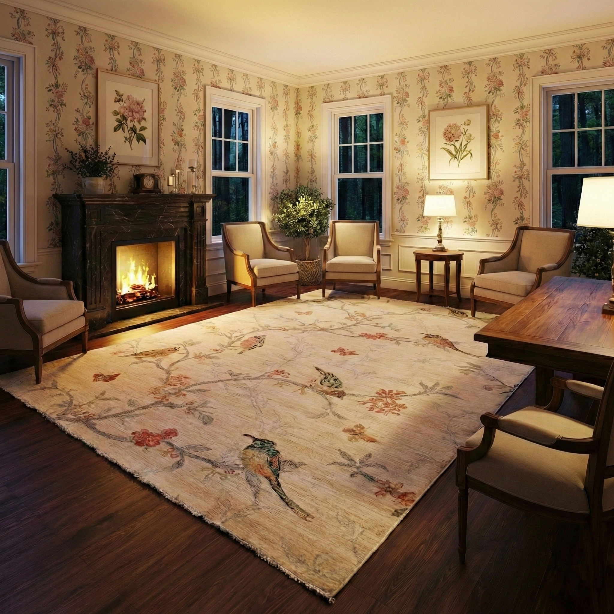 Chiffon White, Sparrows on the Tree, Peshawar, High Mountain Wool, Hand Knotted, Soft to the Touch, Densely Woven, Oriental Rug