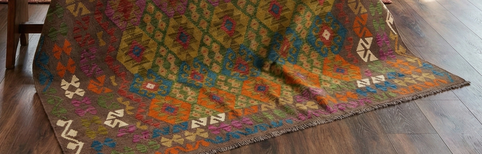 Peanut Brown, Afghan Kilim with Colorful All Over Geometric Pattern, Pure Wool, Vegetable Dyes, Flat Weave, Hand Woven, Reversible, Oriental Rug