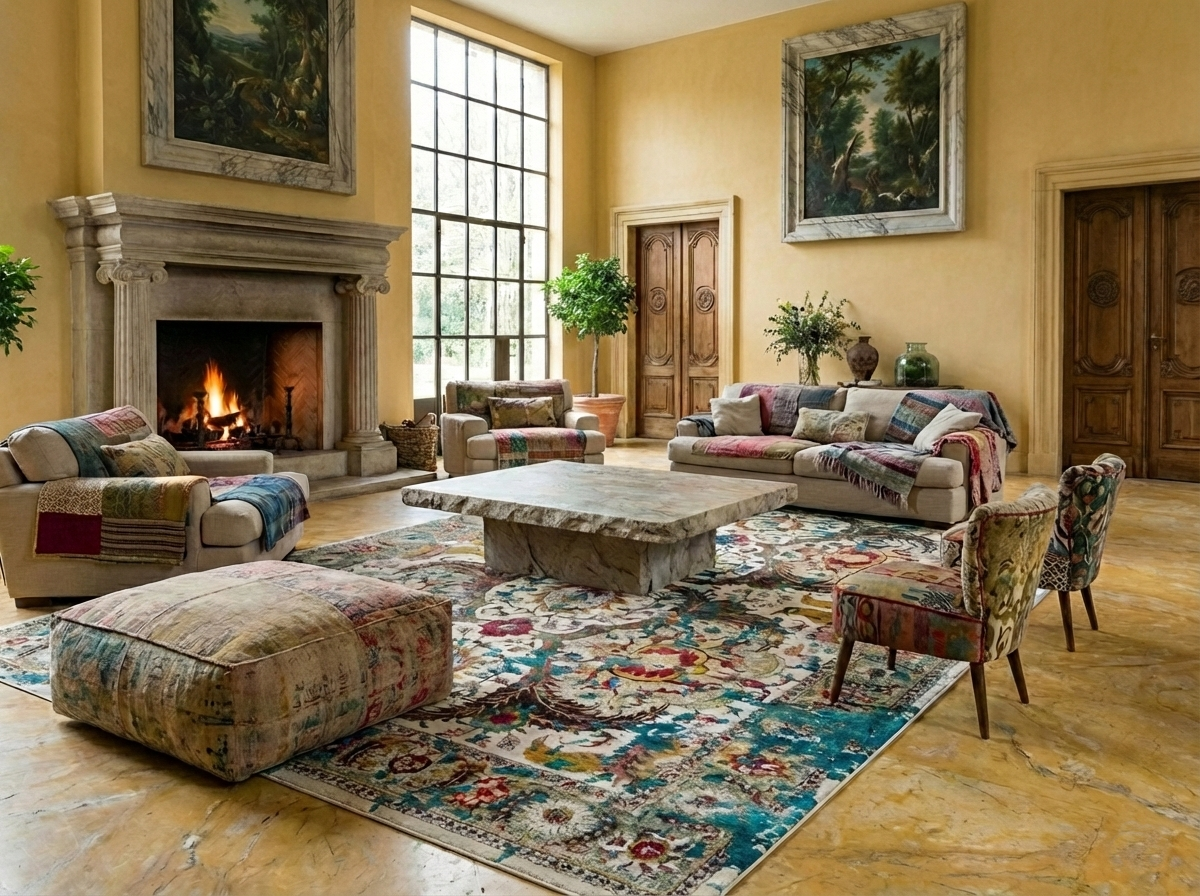 Papyrus White, Colorful Polonaise Broken Design, Hand Knotted, Wool and Sari Silk, Oriental Rug