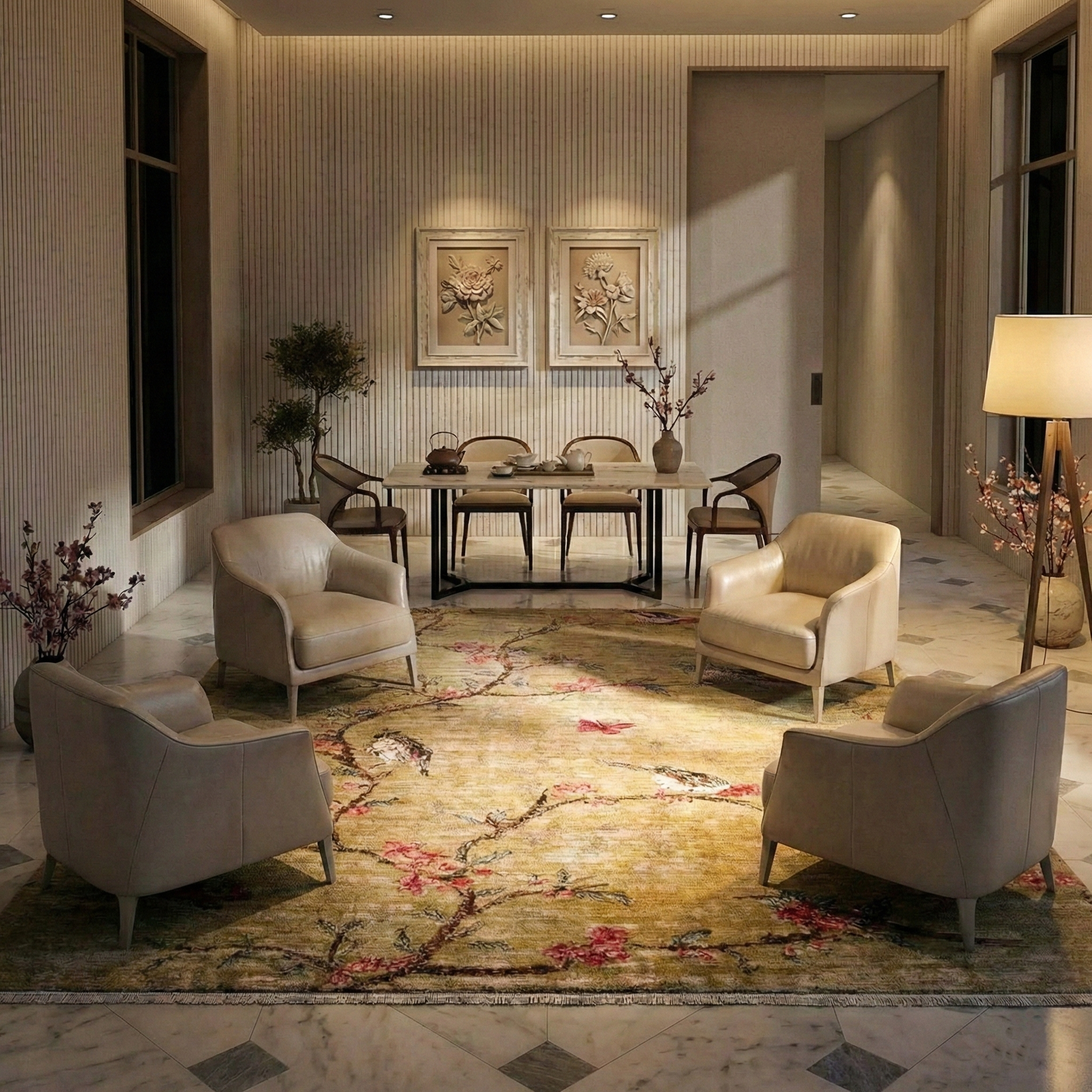 Swamp Green with Touches of Pink, Peshawar, Sparrows on the Tree, Densely Woven, Hand Knotted, Soft 100% Wool, Oriental Rug