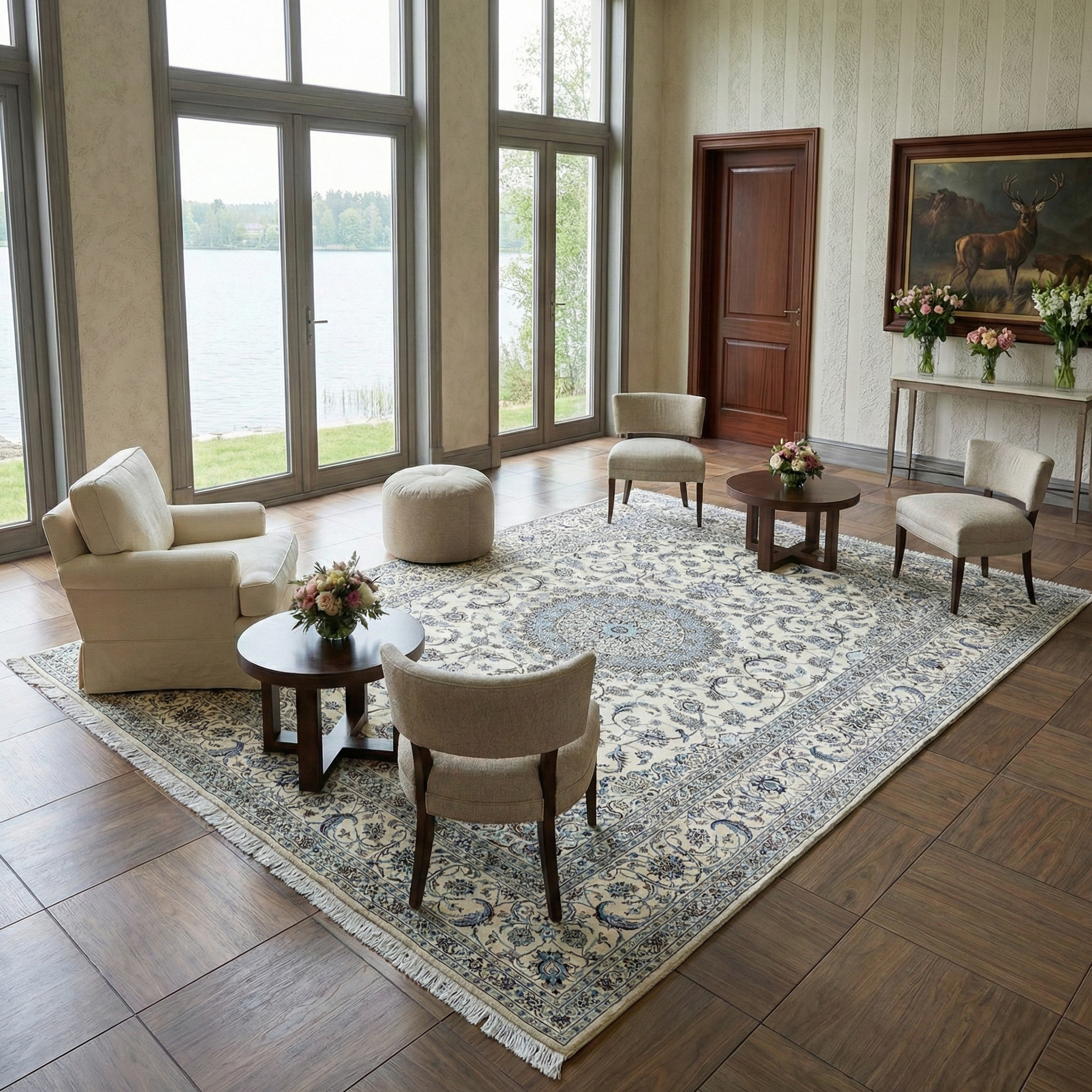 Cream White, Persian Nain with Flower Medallion Design, Wool and Silk, Hand Knotted, 400 KPSI, Oriental Rug