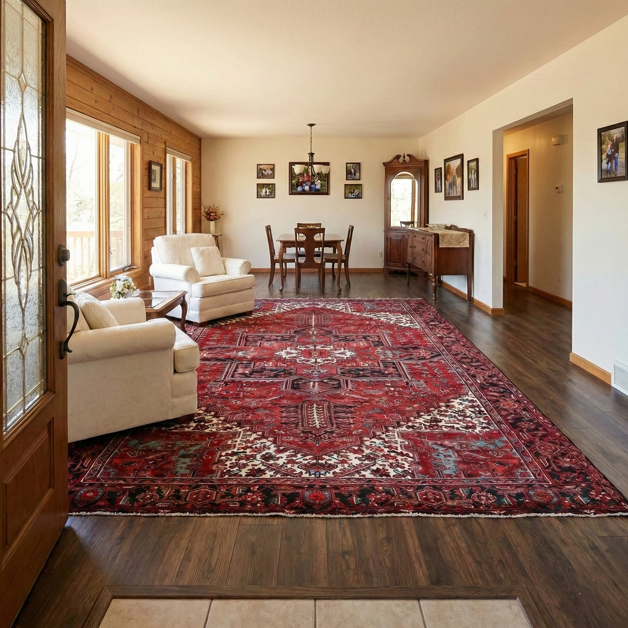 Scarlet Red, Vintage Persian Heriz with Geometric Medallion Design, 100% Wool, Hand Knotted, Even Wear, Sheared Low, Good Condition, Sides and Ends Professionally Secured, Oriental Rug