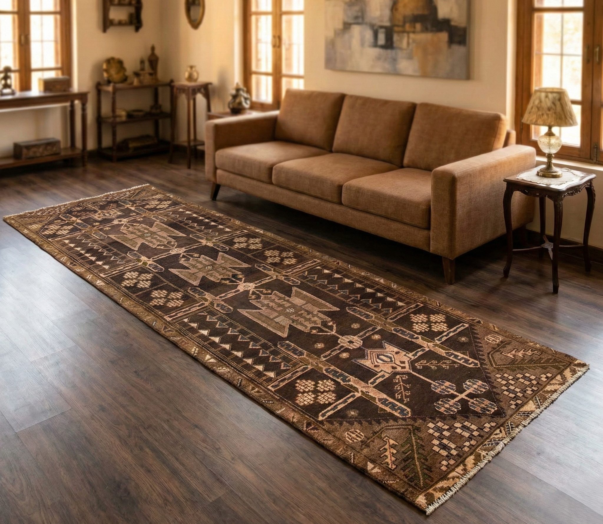 Chocolate Brown, Vintage Persian Bakhtiar, Hand Knotted, 100% Wool, Worn and Distressed, Sheared Low, Zero Pile, Sides and Ends Professionally Secured, Wide Runner, Oriental Rug