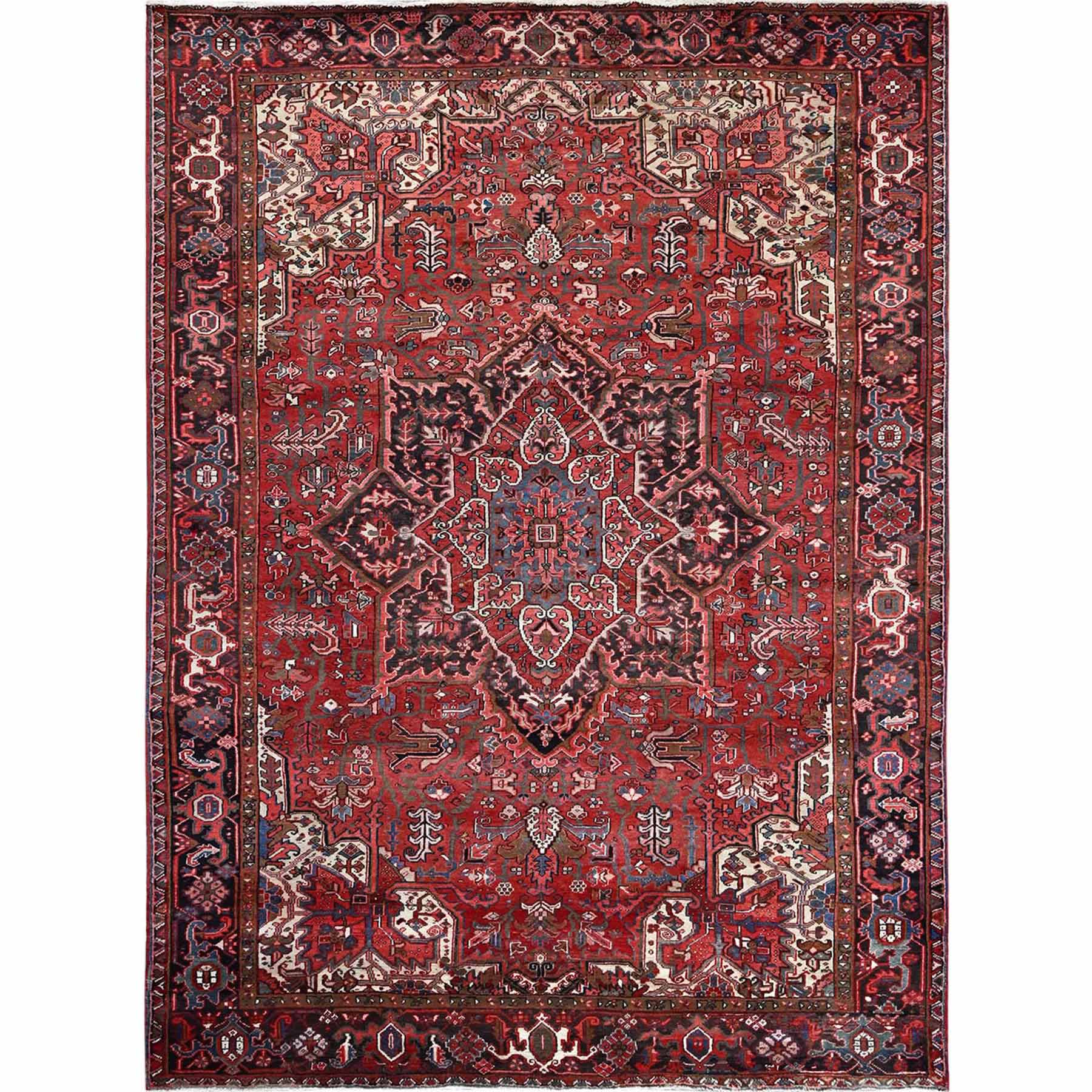Blush Red, Vintage Persian Heriz with Flower Medallion Design, 100% Wool, Hand Knotted, Even Wear, Sheared Low, Good Condition, Sides and Ends Professionally Secured, Oriental Rug